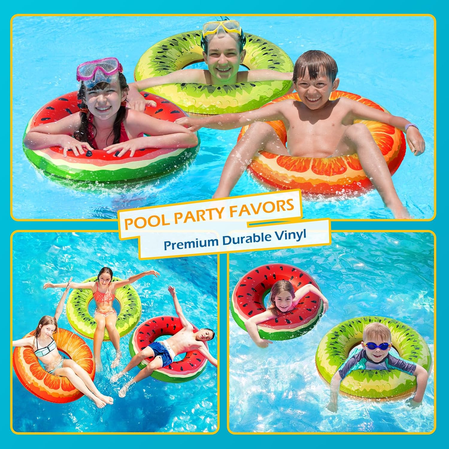 Jasonwell Inflatable Pool Floats Kids - 3Pcs Floaties Pool Tubes Swim Rings Fruit Water Float with a Beach Ball Watermelon Kiwi Orange Lake Pool Toys for Swimming Pool Party Decorations - Image 6