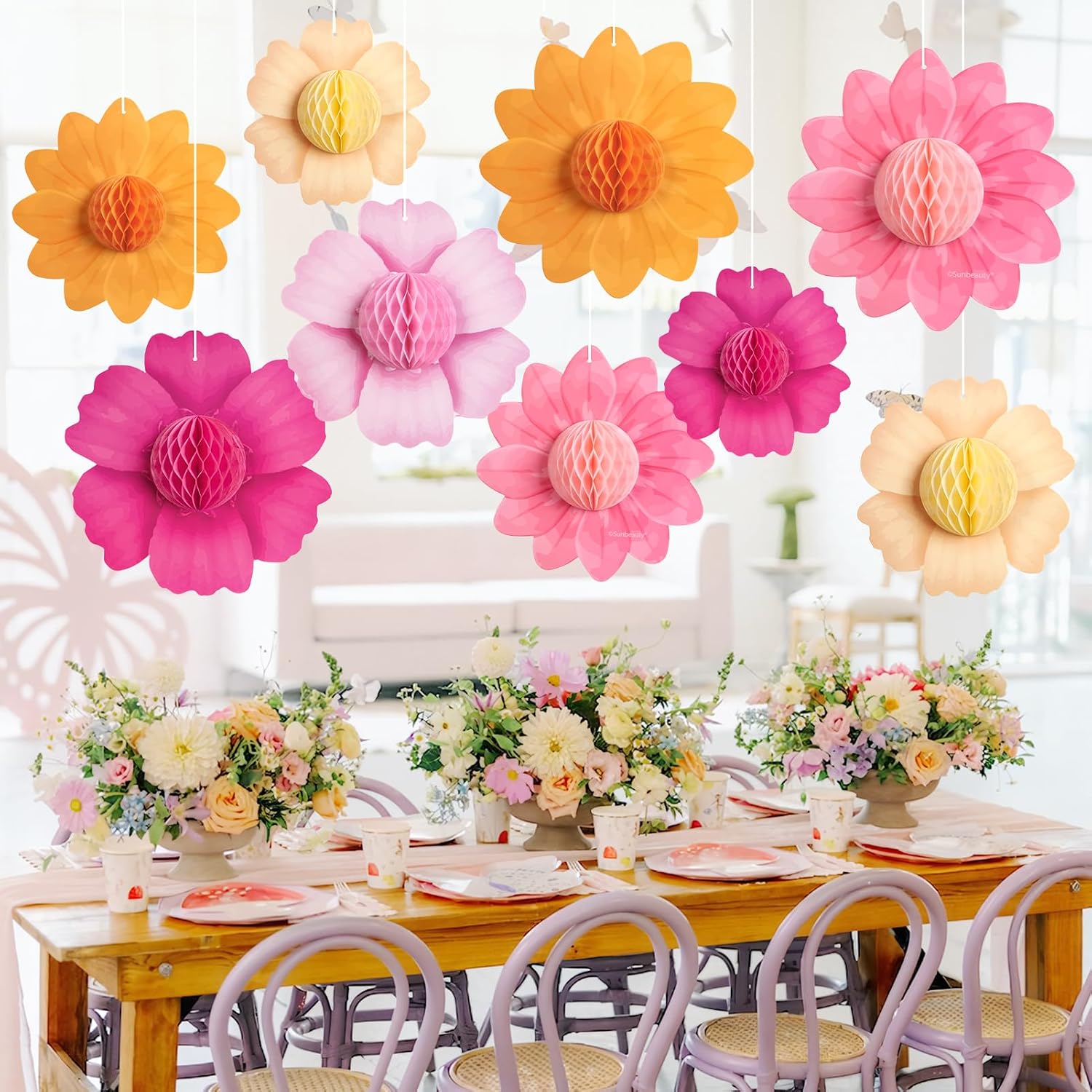 Paper Jazz Hanging Paper Flower Sunflower Honeycomb Party Decoration Pink Orange Spring Garden Themed Summer Party Supplies Large Paper Flower for Wall for Tea Party Baby Shower Wedding. - Image 6
