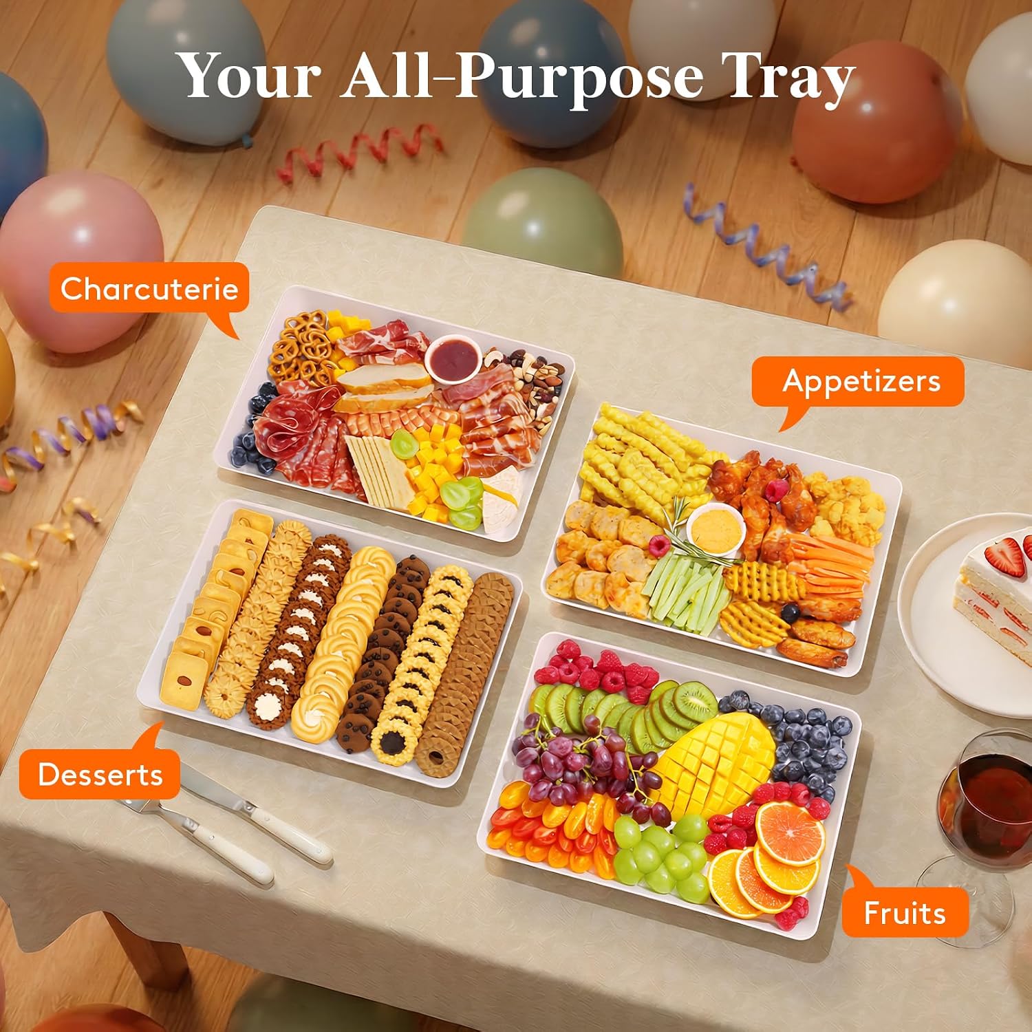 Lifewit 16" x 12" Extra Large Plastic Serving Trays for Party, 4 Pack Reusable White Food Platters for Cookies, Desserts, Fruit, Appetizers & Charcuterie, BPA-Free Catering Trays for Parties & Buffets - Image 5