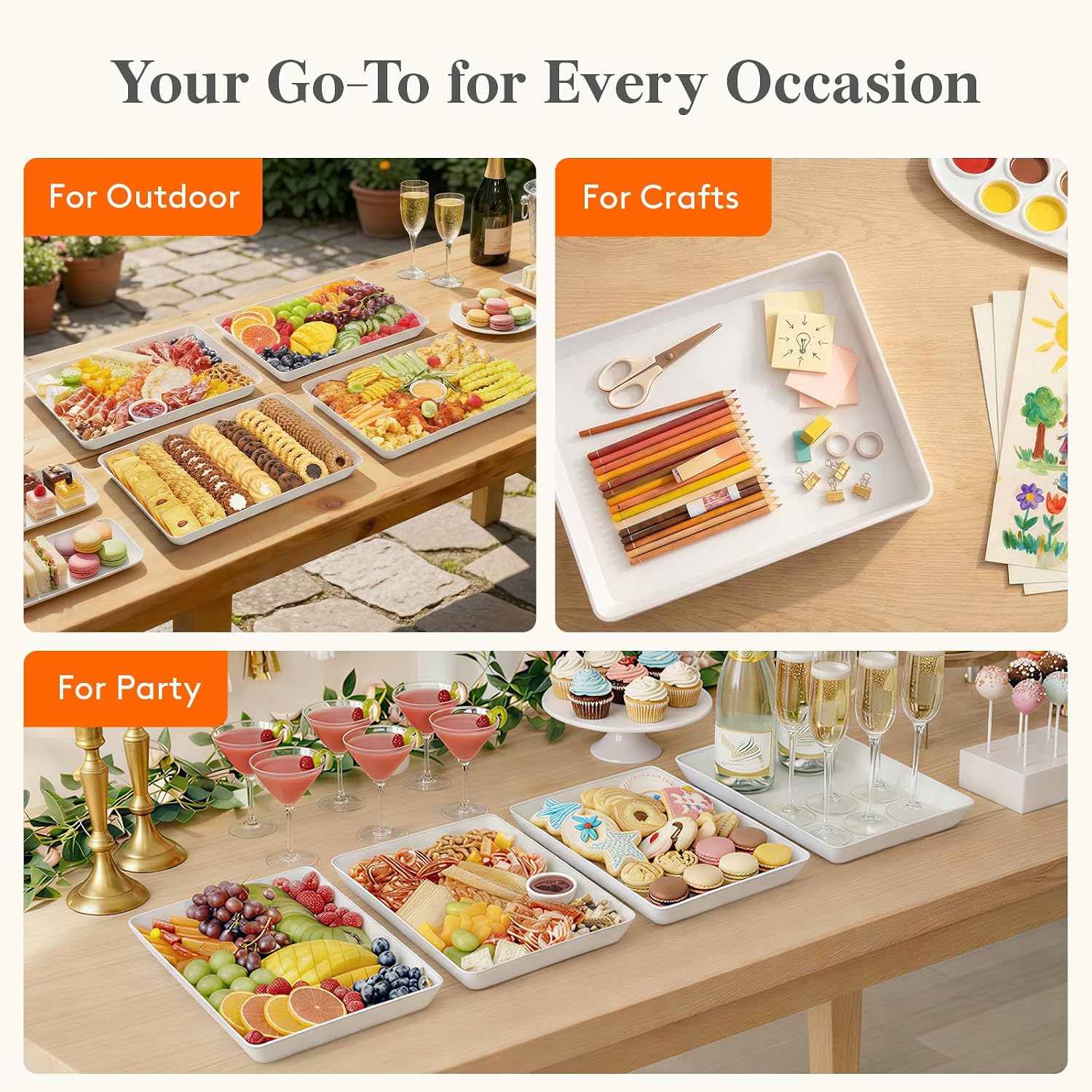 Lifewit 16" x 12" Extra Large Plastic Serving Trays for Party, 4 Pack Reusable White Food Platters for Cookies, Desserts, Fruit, Appetizers & Charcuterie, BPA-Free Catering Trays for Parties & Buffets - Image 6