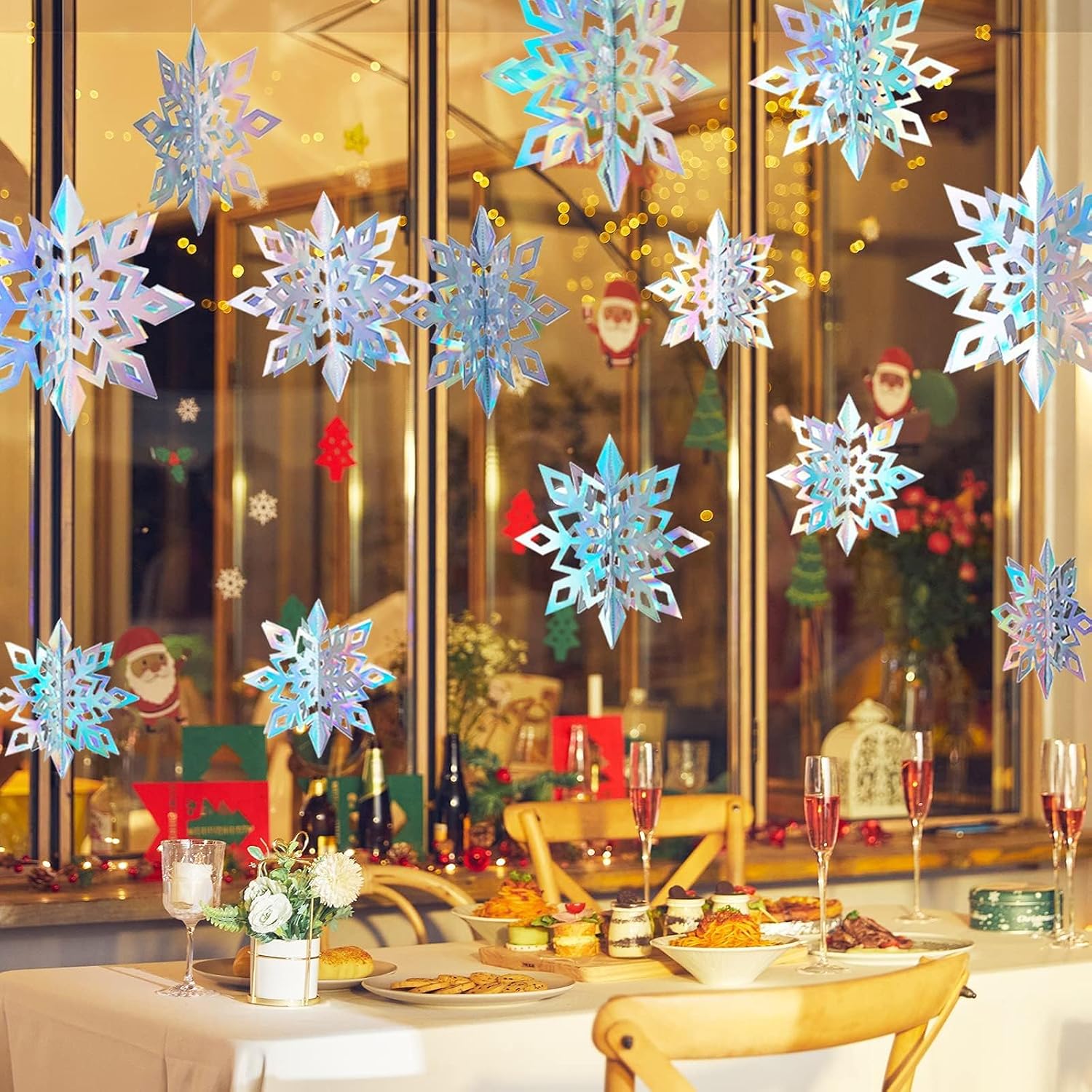 OuMuaMua Christmas Snowflake Decorations, 15pcs Xmas 3D Iridescent Snowflakes 3D Laser Paper Snow Flakes for Christmas Winter Wonderland Snow White Holiday Birthday Home Party Decor, Holographic - Image 6