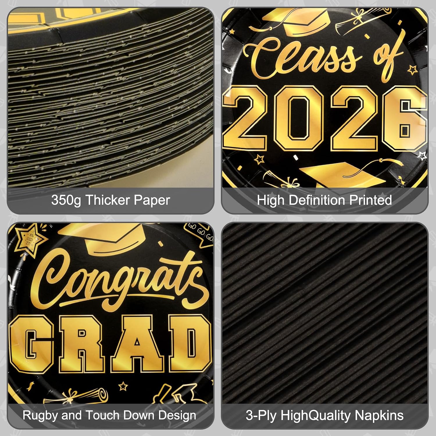 Litmitfu 150 Pcs Graduation Plates and Napkins 2026 - Black Gold Congrats Grad Class of 2026 Paper Dessert Dinner Plates Napkins Set for Graduation Party Decorations Supplies Table Decor, Serves 50 - Image 4