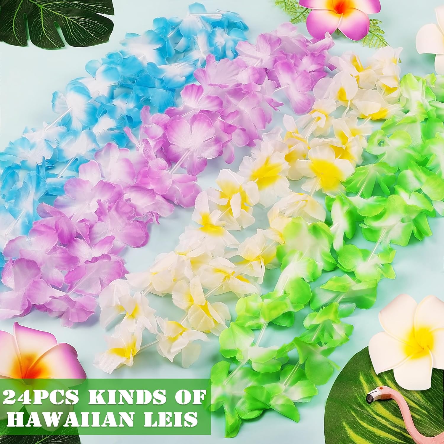 Arrowom 24pcs Hawaiian Leis Bulk Luau Party Silk Flower Necklace Colorful Tropical Hawaiian Bulk Hula Dance Party Decor Flower Leis Summer Beach Pool Party Decorations Favors Supplies - Image 3