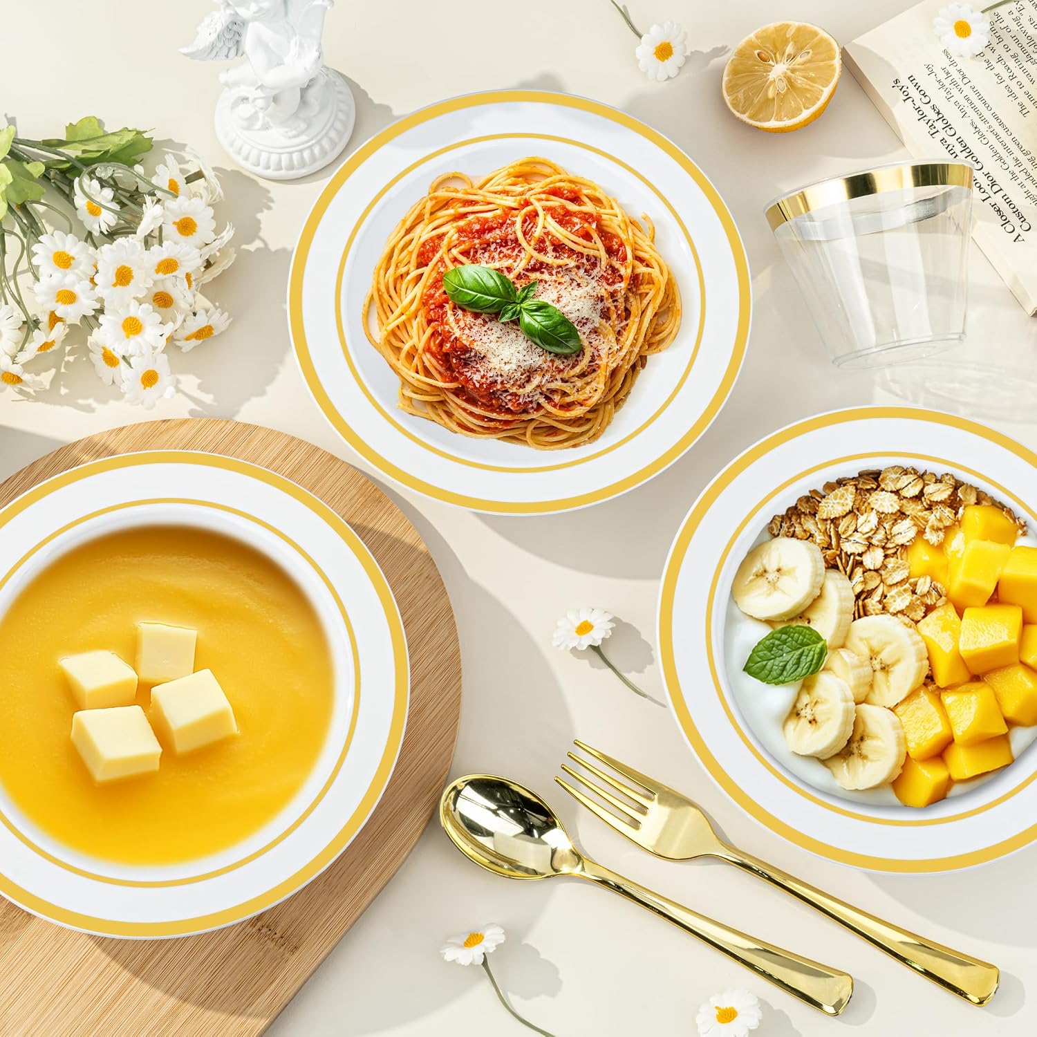BESTVIP Gold Dinnerware Set for 100 Guests, Plastic Dinnerware Set for Party, Include: 100 Gold Dinner Plates, 100 Bowls, 100 Dessert Plates, 100 Plastic Silverware Set, 100 Cups, 100 Paper Napkins - Image 6