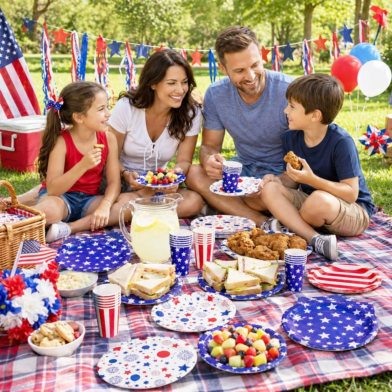 100Pcs 4th of July Decorations,Patriotic Theme Kit for Independence & Election Day Decorations Red White Blue 4th of July Banner Tablecloth Patriotic Plates Napkins Cups Fourth of July Party Supplies - Image 7