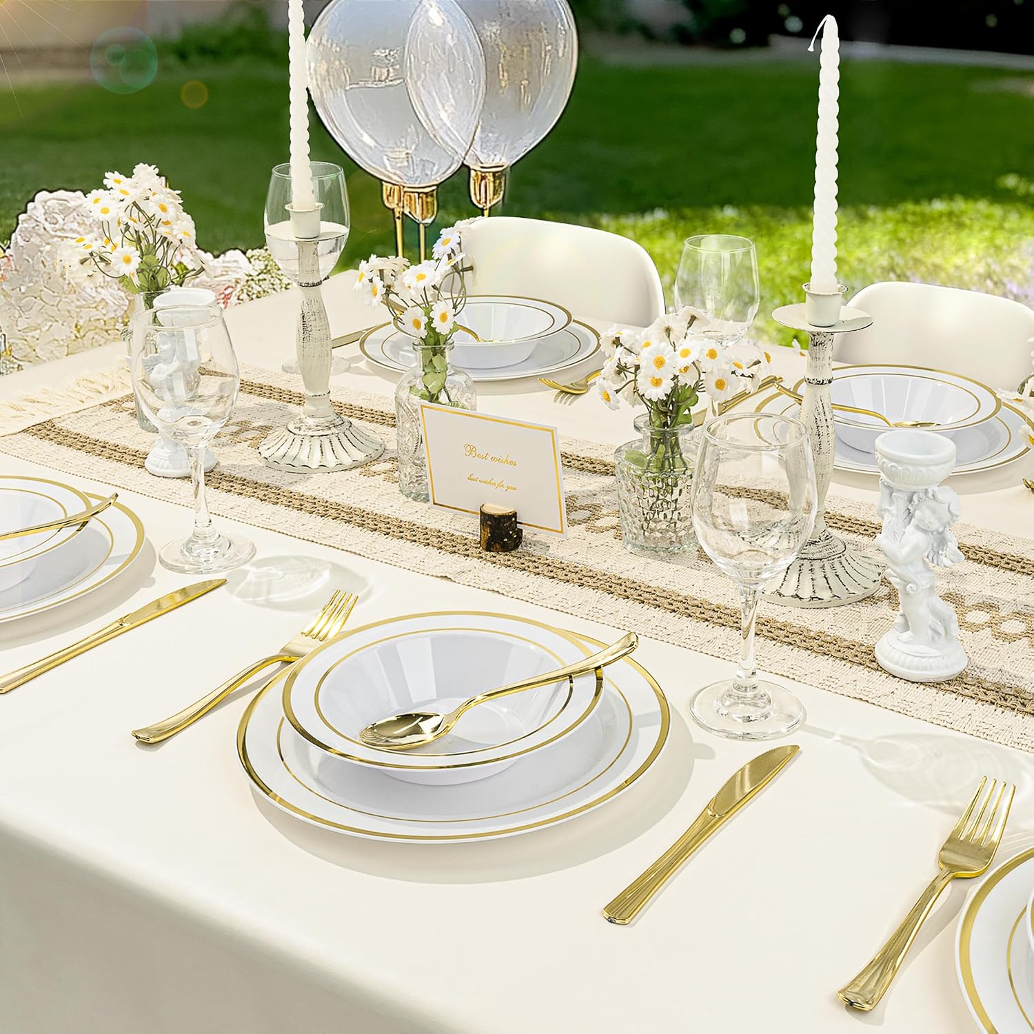 BESTVIP Gold Dinnerware Set for 100 Guests, Plastic Dinnerware Set for Party, Include: 100 Gold Dinner Plates, 100 Bowls, 100 Dessert Plates, 100 Plastic Silverware Set, 100 Cups, 100 Paper Napkins - Image 9