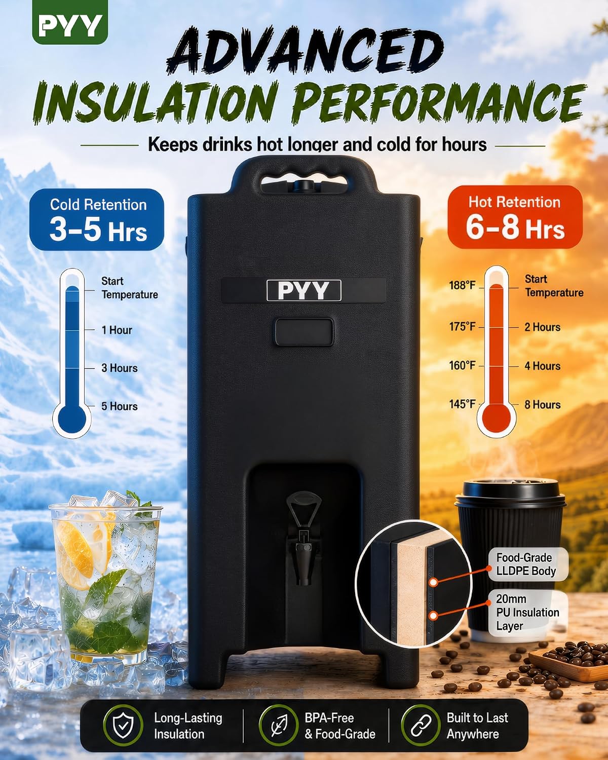 PYY Insulated Beverage Dispenser 5 Gallon - Hot and Cold Drink Container with Handles, Thermal Drink Dispenser Cooler Server carrier For Commercial Catering Black - Image 4