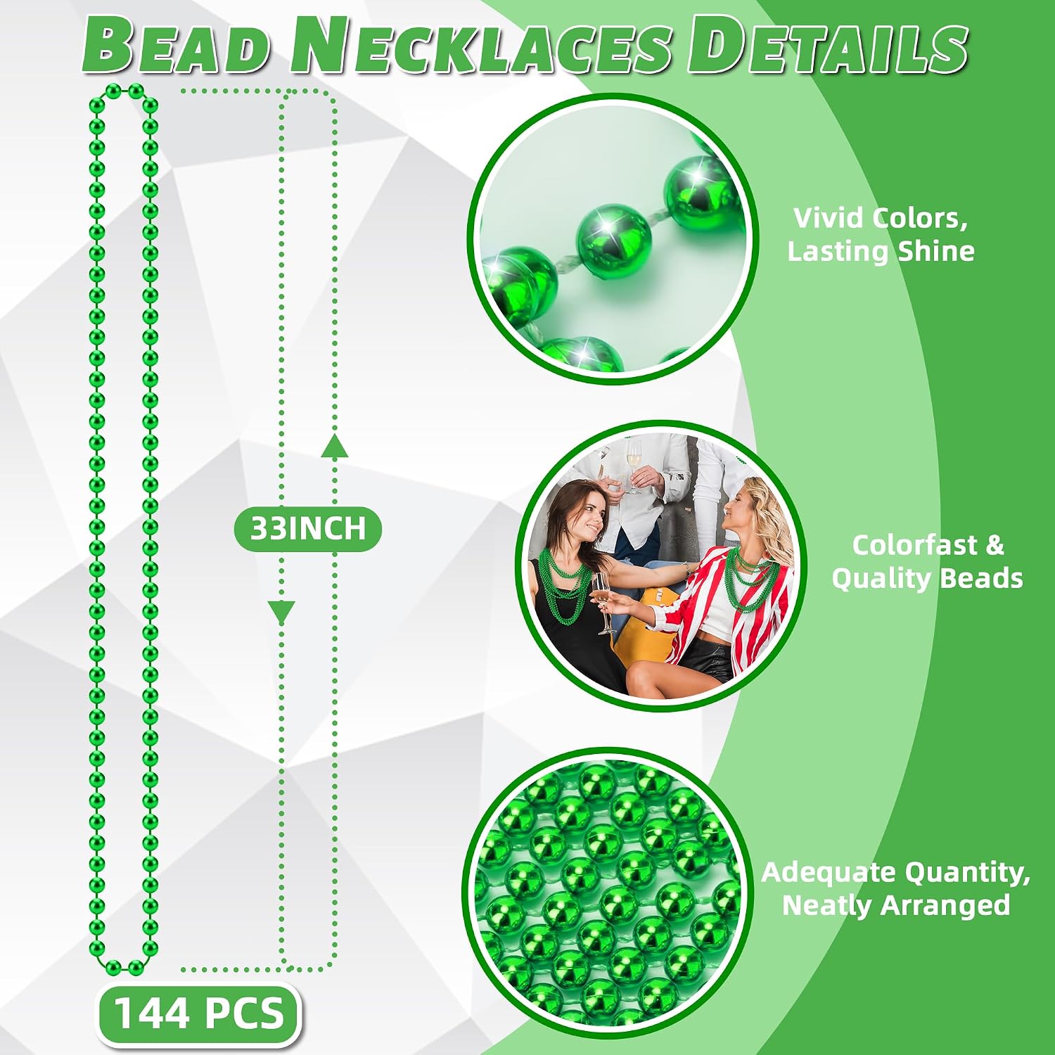 YAXINRUI 144 PCS St. Patricks Day Necklaces, Green Mardi Gras Christmas Bead Necklaces, 33" St. Patrick's Day Green Beads St. Patricks Day Accessories for Mardi Gras, St. Patricks Day Party Favors - Image 3