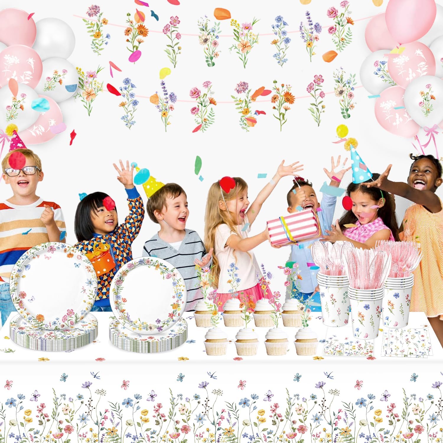 LINHAXM 175 PCS Spring Wildflower Party Decorations include Plates, Cups, Napkins, Cutlery, Cake Toppers, Banner, Tablecloth, Balloons for Floral Baby Shower Birthday Decorations, Serves 20 - Image 6