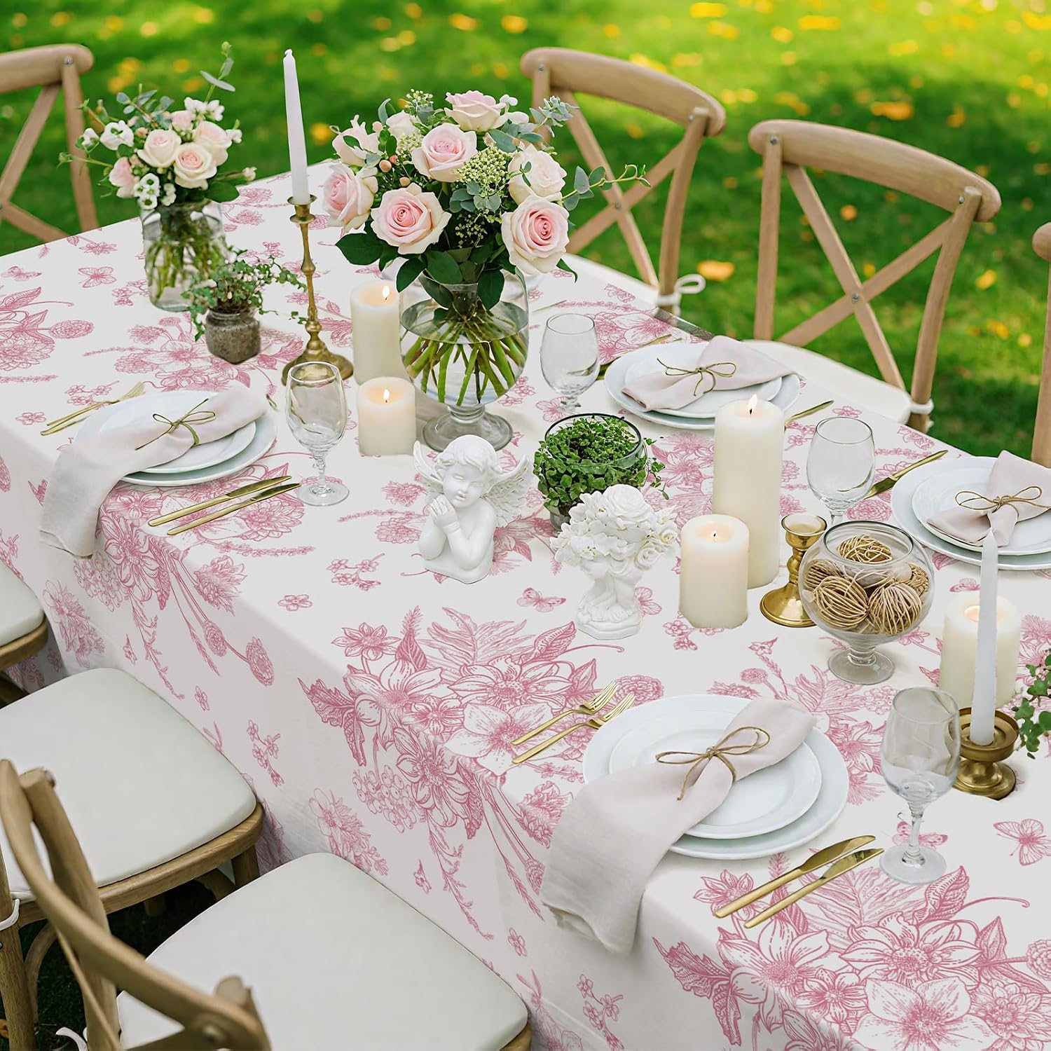 3 Pcs Pink Floral Plastic Tablecloths, 54 X 108Inch Tea Party Tablecloth Disposable Wedding Table Cloth Pink and White Porcelain Tables Decor for Garden Wedding Tea Party Birthday Baby Bridal Shower - Image 6