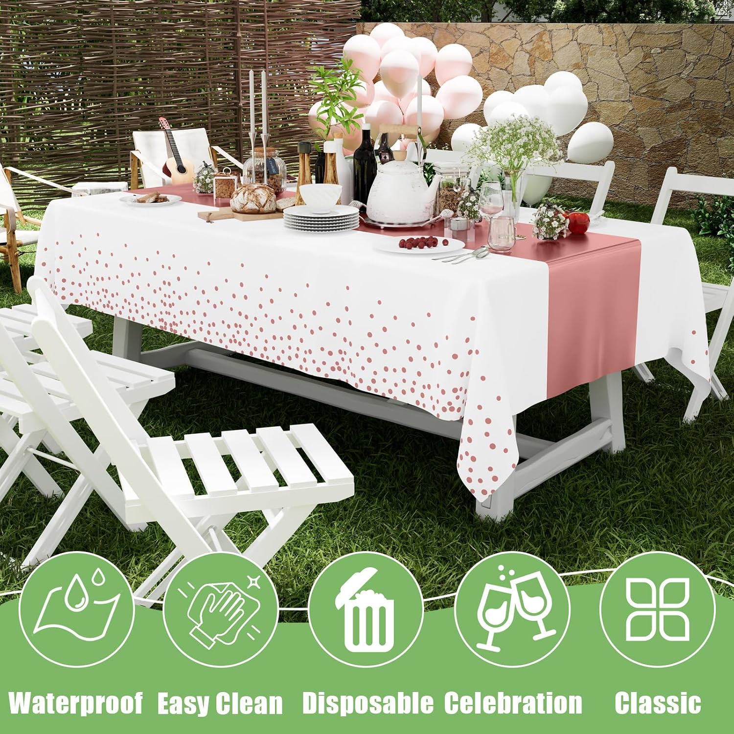 Smiry Plastic Table Cloth Disposable 3 Pack, 54 x 108 Inch Rectangle Waterproof Tablecloth, Printed Gold Table Runner Style for Birthday Weeding, Party, Sturdy & Leakproof, Rose Gold and White - Image 5
