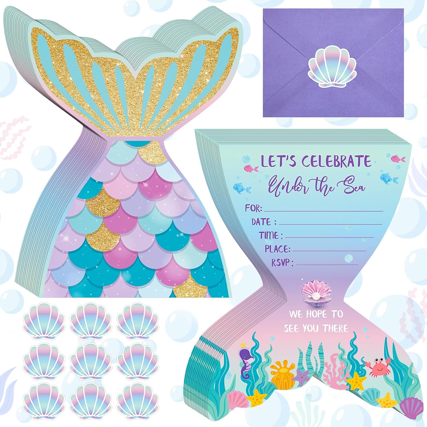 Hotop 24 Sets Mermaid Birthday Invitations with Stickers and Envelopes for Kids Girls, Mermaid Party Invitations Cards for Birthday Baby Shower Party Favors Supplies, 4x6 Inch