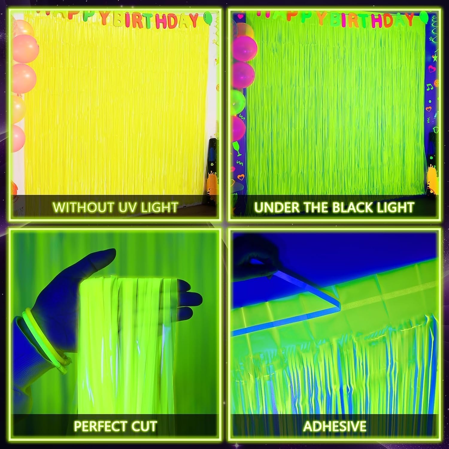 Mega-L Glow in The Dark Party Supplies, Neon Party Decorations, 2 Pack 6.6x6.6 ft Fluorescent Green Foil Fringe Curtains, Glow Photo Backdrop for Birthday, Pool Party, Music Festival, Nightclub - Image 3