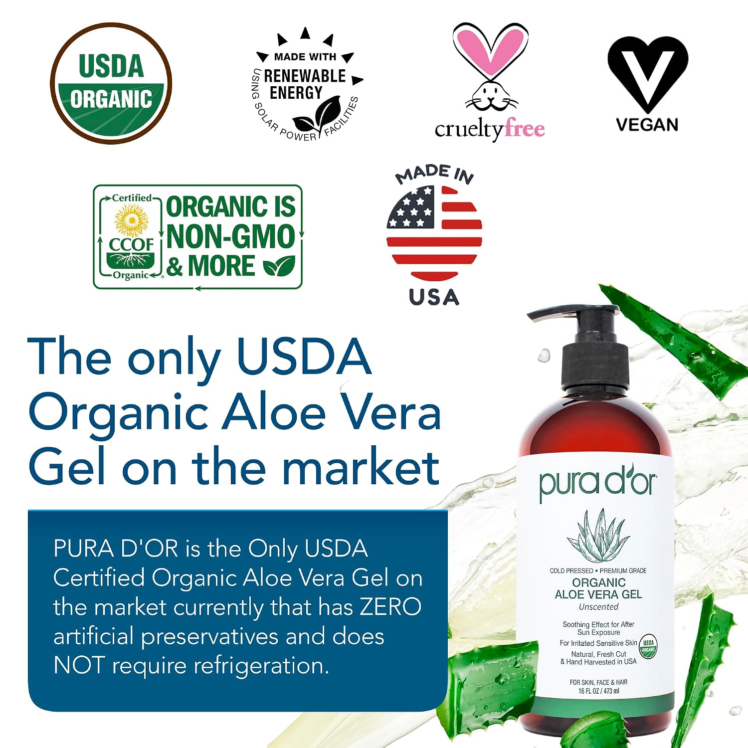 PURA D'OR 16 Oz ORGANIC Aloe Vera Gel - Unscented - All Natural - ZERO Artificial Preservatives - Deeply Hydrating & Moisturizing - Sunburn, Bug Bites, Rashes, Small Cuts, Eczema Relief - Skin & Hair - Image 2