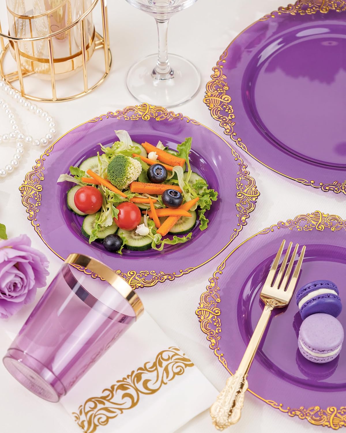 Nervure 175PCS Purple Plastic Plates - Disposable Purple Gold Party Plates & Pre Rolled Napkins with Cutlery for 25 Guests, 50Plates, 75Silverware, 25Cups, 25Napkin for Wedding & Party - Image 6