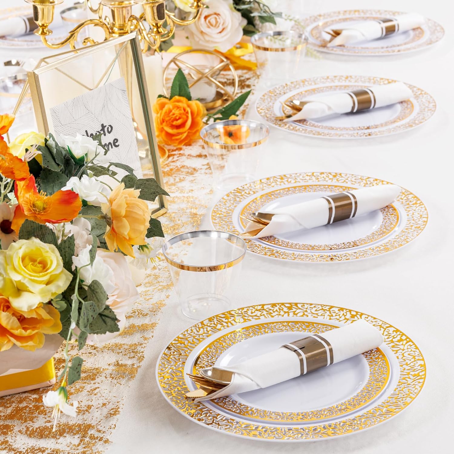 WELLIFE 50 Guests Dinnerware Sets, Gold Plastic Plates,Platos Para Fiestas Elegantes Desechables Include:50 Dinner Plates, 50 Dessert Plate, 150 Pcs Gold Plastic Silverware, 50 Cups for Party - Image 5