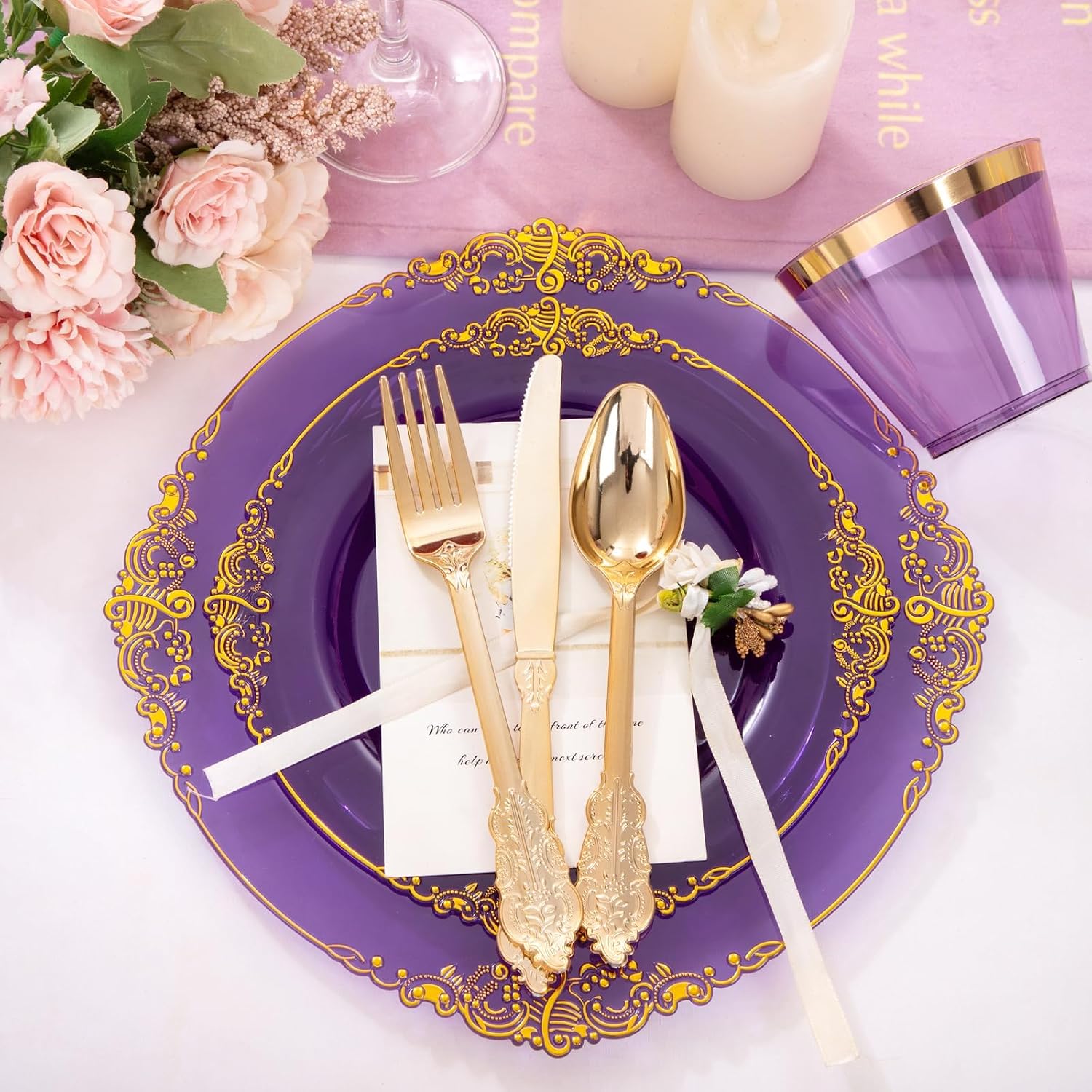 Nervure 175PCS Purple Plastic Plates - Disposable Purple Gold Party Plates & Pre Rolled Napkins with Cutlery for 25 Guests, 50Plates, 75Silverware, 25Cups, 25Napkin for Wedding & Party - Image 2