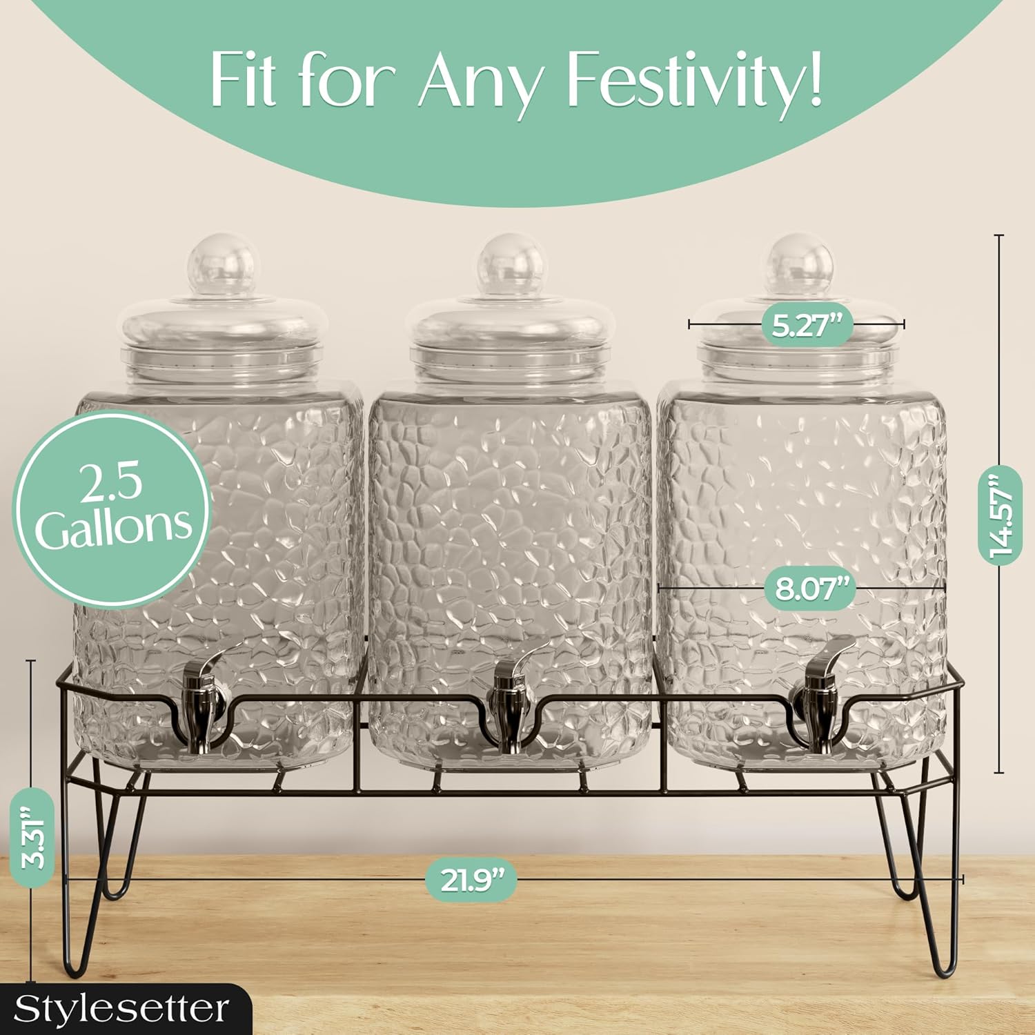Style Setter Premium Glass Drink Dispensers with Metal Stand for Parties – Beverage Dispenser Set for Cold Drinks, Lemonade, Cocktails, Juice – Party Glass Drink Dispenser Station - 1.5 Gal, Set of 3 - Image 8