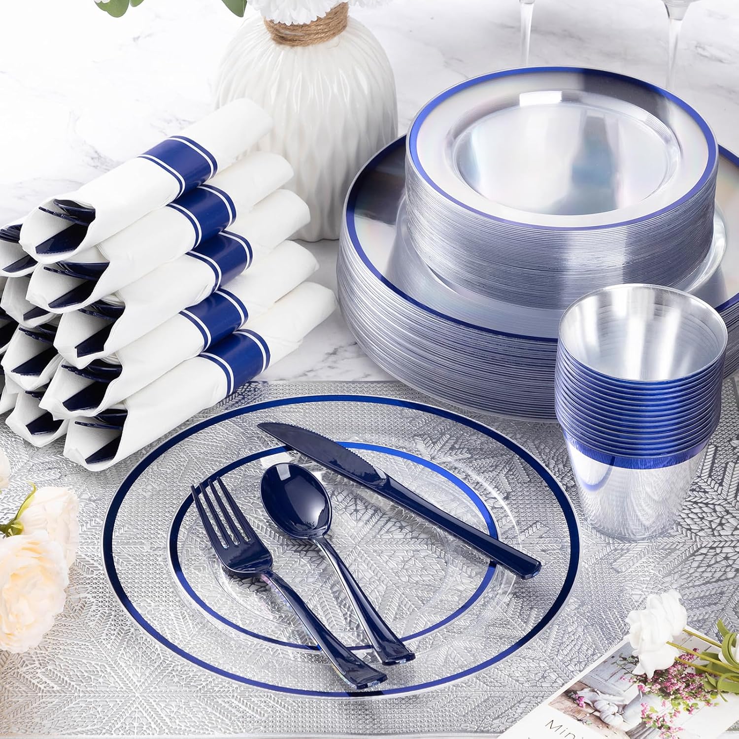 Goodluck 350 Piece Dark Blue Plastic Dinnerware Set for Party, Clear Disposable Plates for 50 Guests, Includes 100Plates, 50 Pre Rolled Napkins with Cutlery Set, 50 Cups, for Graduation, Birthday - Image 4