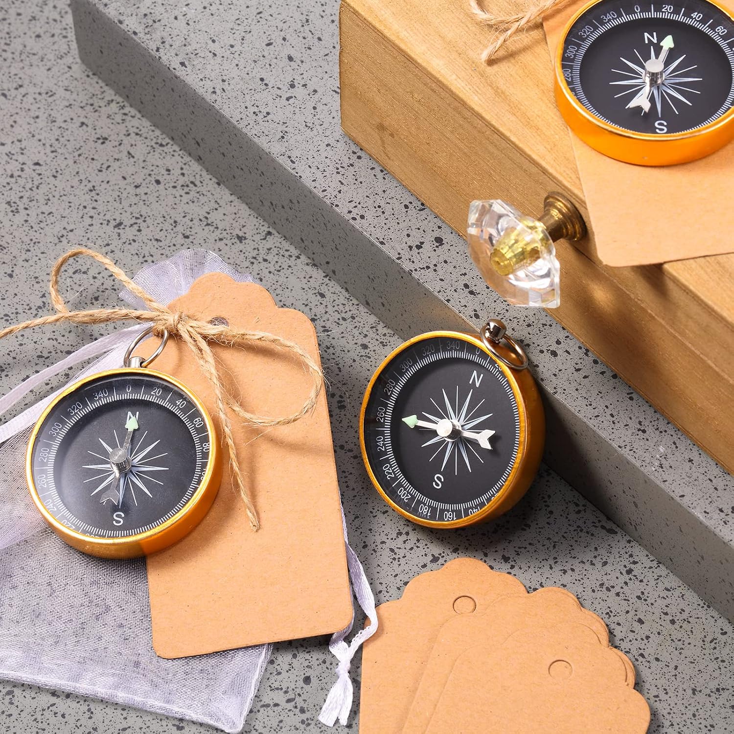 TaoBary 60 Pcs Compasses Gifts Wedding Party Favors Set, 2026 Mini Compass Souvenir Nautical with Kraft Tags and Organza Bag for Guests Birthday Nautical Travel Party Souvenir Gift(Gold) - Image 4
