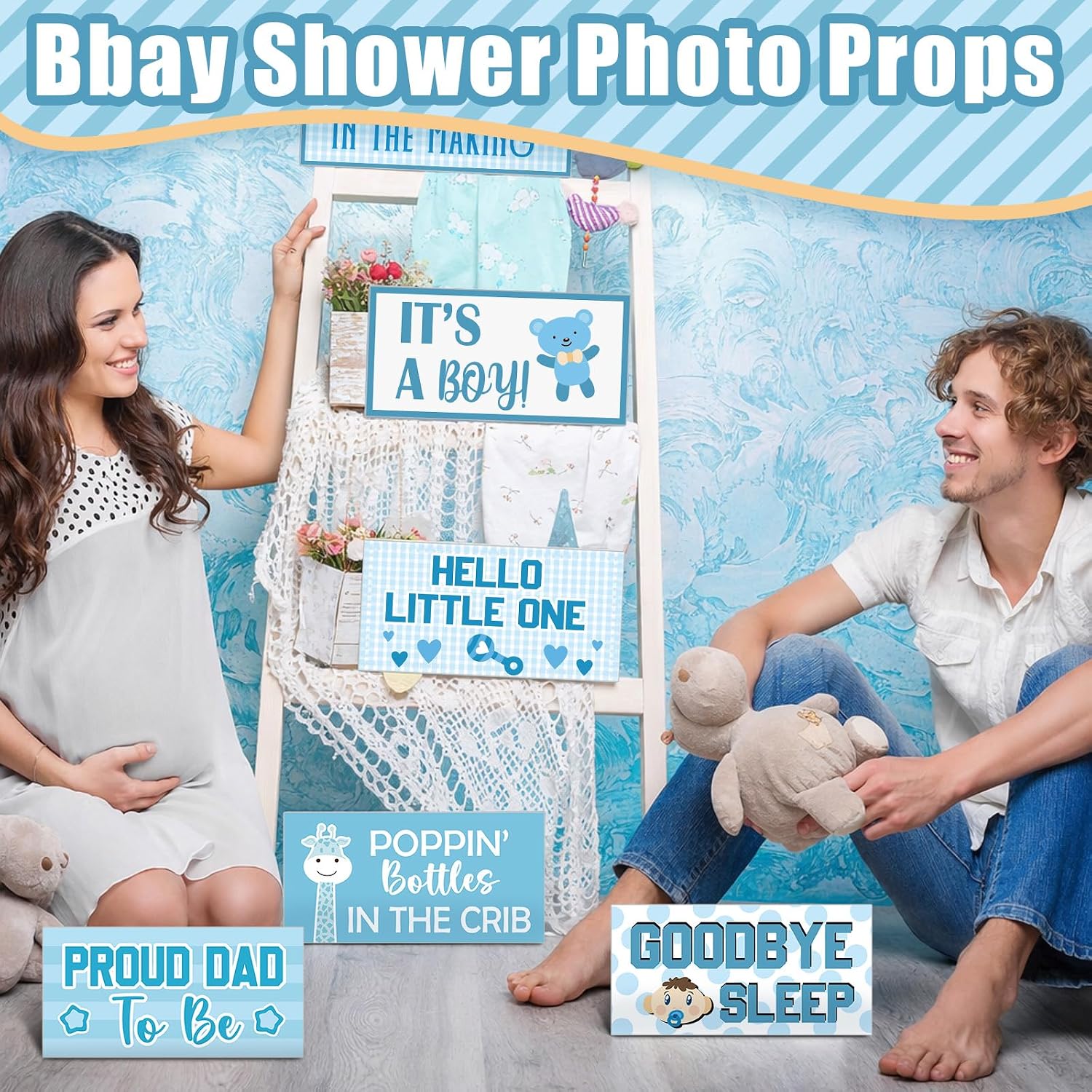 Beeveer 12pcs Baby Shower Photo Booth Props Set Baby Shower Photo Booth Kit Decorations, Waterproof Multi Color Double Sided Blue and White Selfie Photoshoot Party Supplies - Image 6