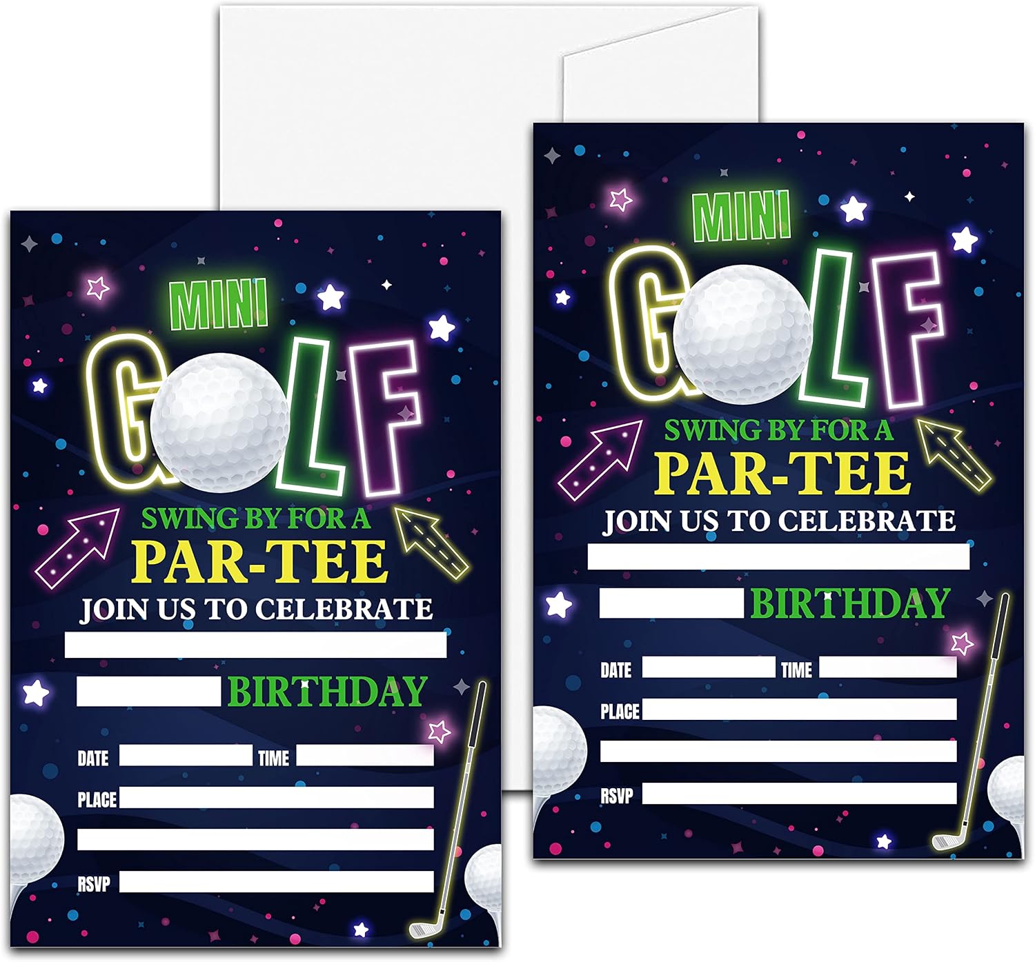 Golf Birthday Party Invitation, Mini Golf Themed Fill-In Invites, 20 Invitations With Envelopes for Friends (4" X 6"), Neon Glow Party Favors Decorations and Supplies -47
