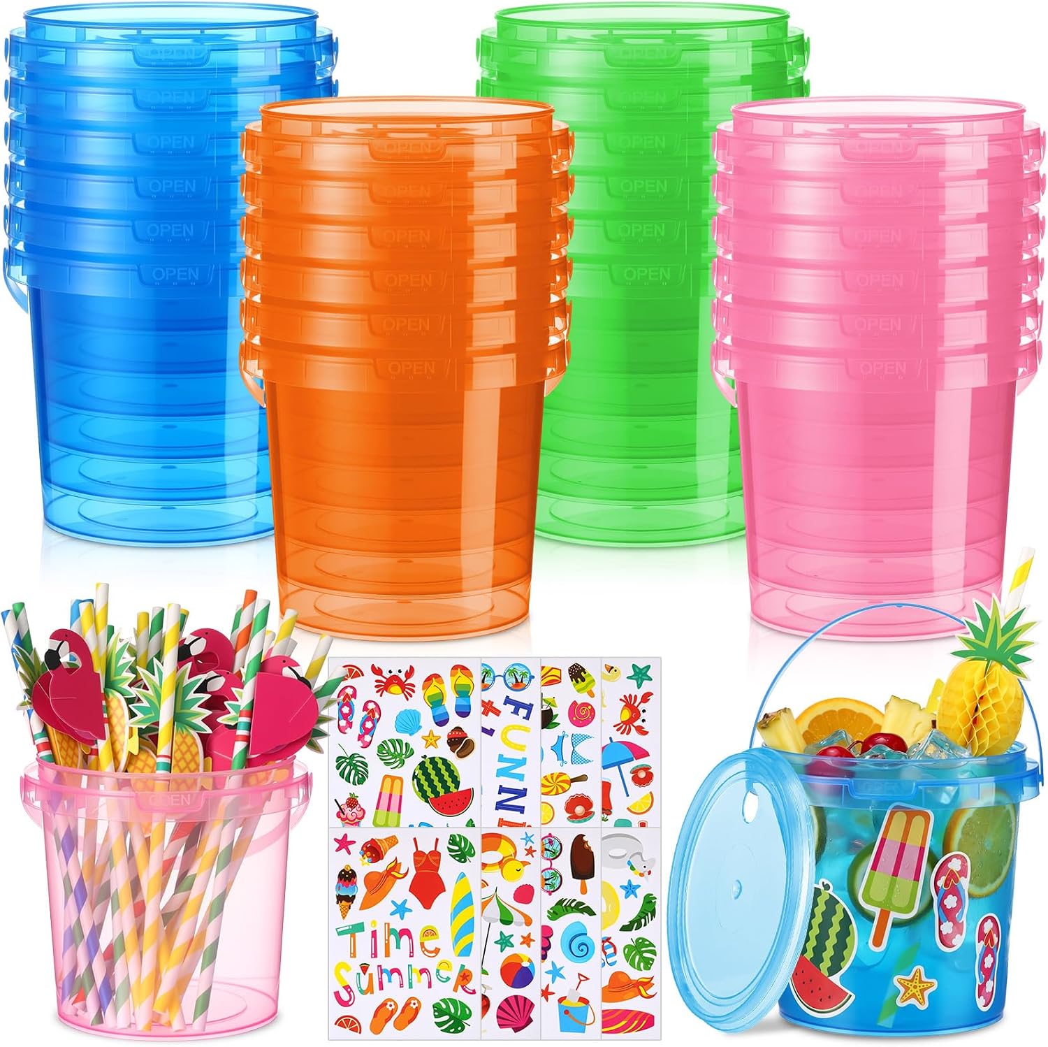 24 Pcs 32 oz Tropical Drink Buckets with Lids and Handles Summer Plastic Drink Bucket with Flamingo Pineapple Straw Reusable Rum Cocktail Bucket with Lids Punch Bowls for Luau Party Beach