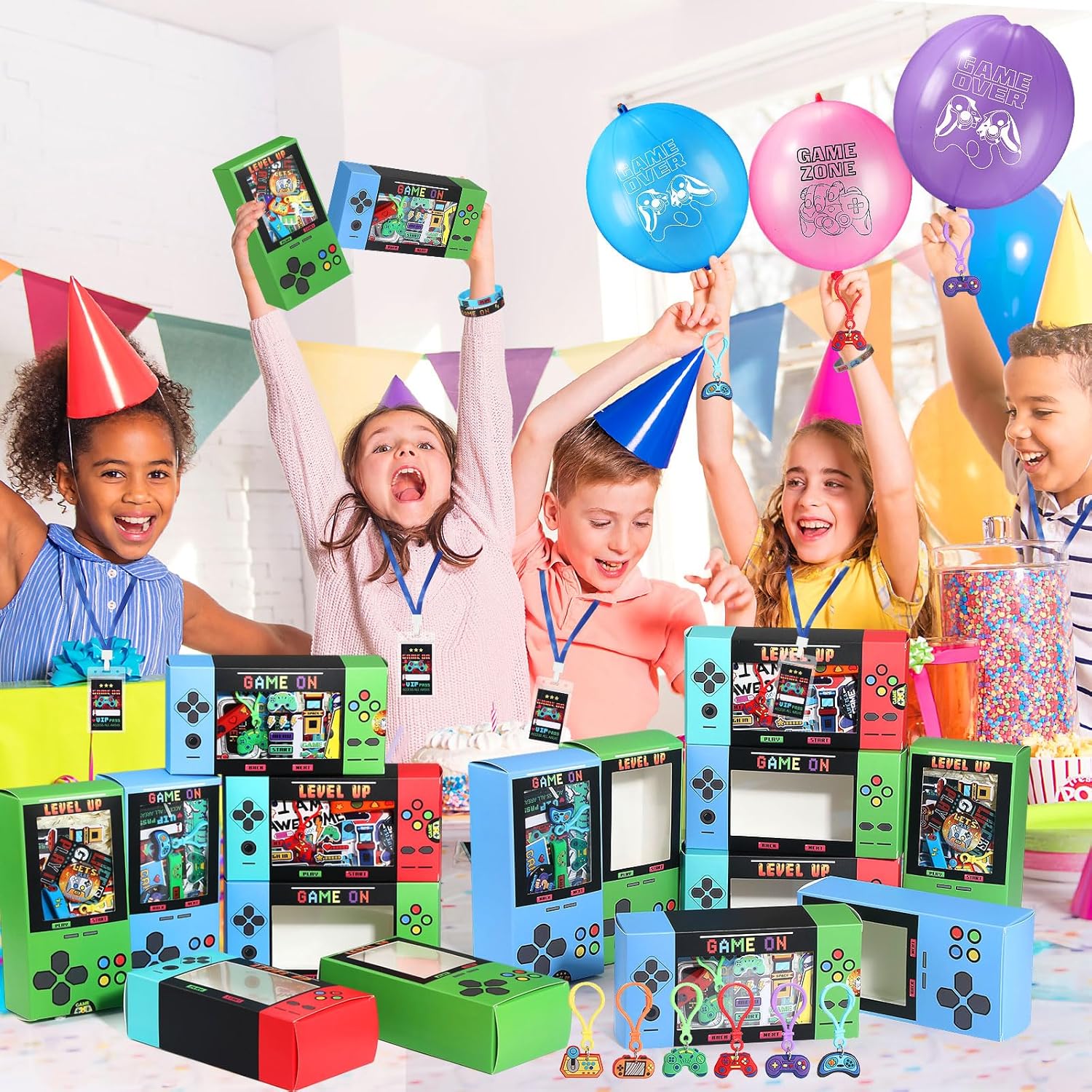 147 Pcs Video Game Party Favors for 12 Kids Gamer Goodie Bag Stuffers for Boys Gaming Birthday Party Supplies with Gift Boxes, VIP Pass, Balloons, Bracelets, Keychains, Badges, 3D Stickers - Image 4