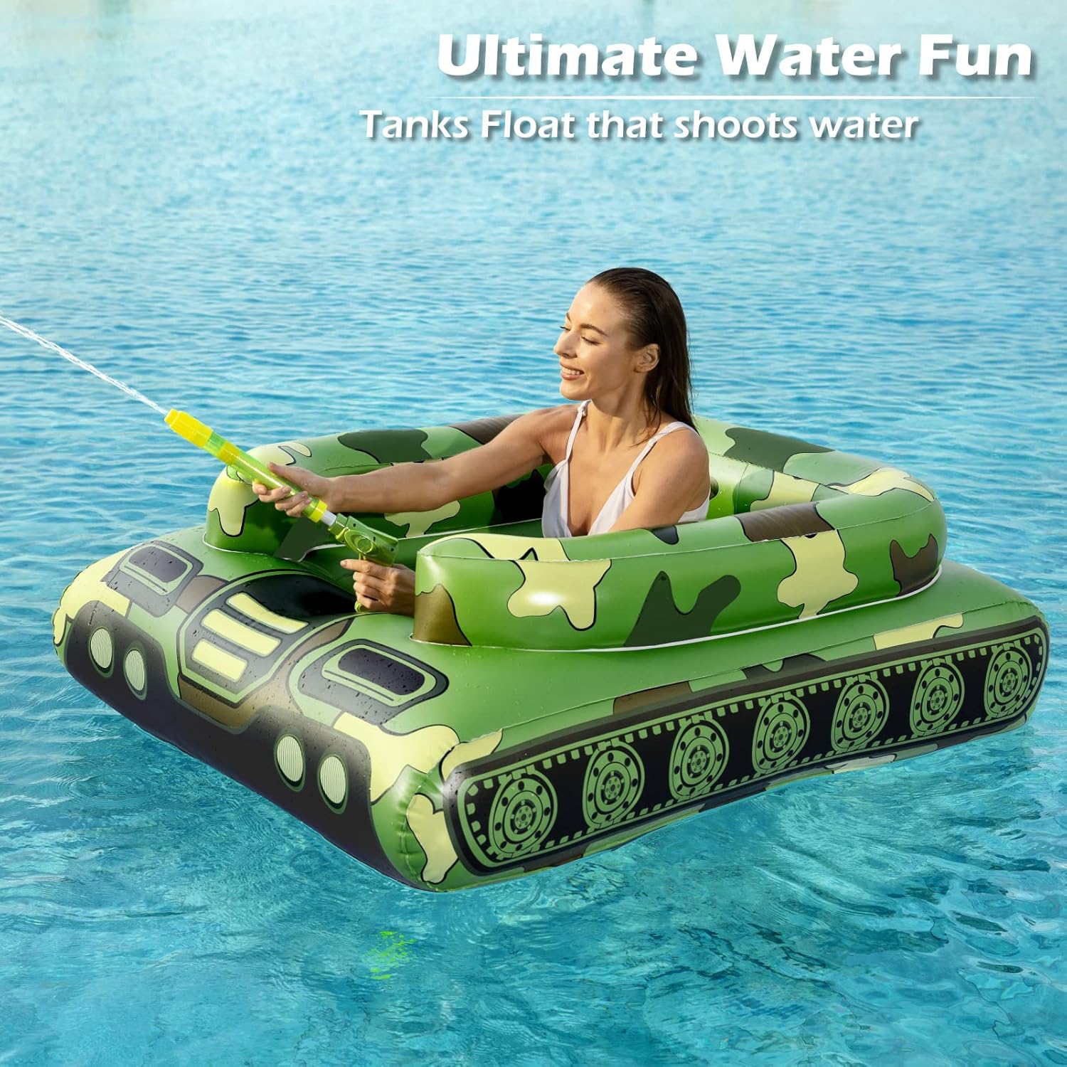 Tank Pool Floats Kids Adults - Jasonwell Inflatable Pool Floaties Swimming Pool Tank with Water Cannon Gun Swim Floaty Rafts Lake Beach Party Pool Toys for Boys Girls Toddlers Kids Adults (Green, L) - Image 2