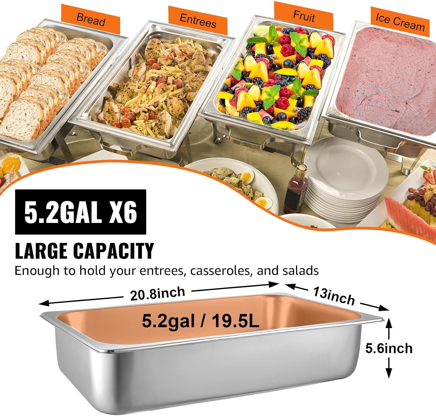 VEVOR 6 Pack Hotel Pans, Full Size 6-Inch, Stainless Steel Steam Table Pans,Anti-Jam Catering Trays for Steam Tables, for Home, Party, Restaurant, Hotel, Buffet - Image 4