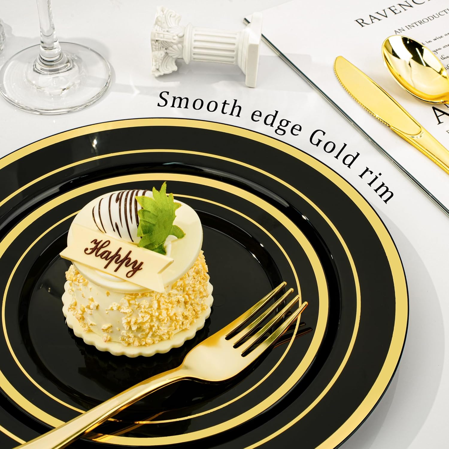 BESTVIP 600PCS Black Gold Dinnerware Set for 100 Guests, Plastic Plates for Halloween Party and Christmas, 100 Disposable Plates, 100 Dessert Plates, 100 Cups, 100 Spoons, 100 Forks and 100 Knives - Image 4