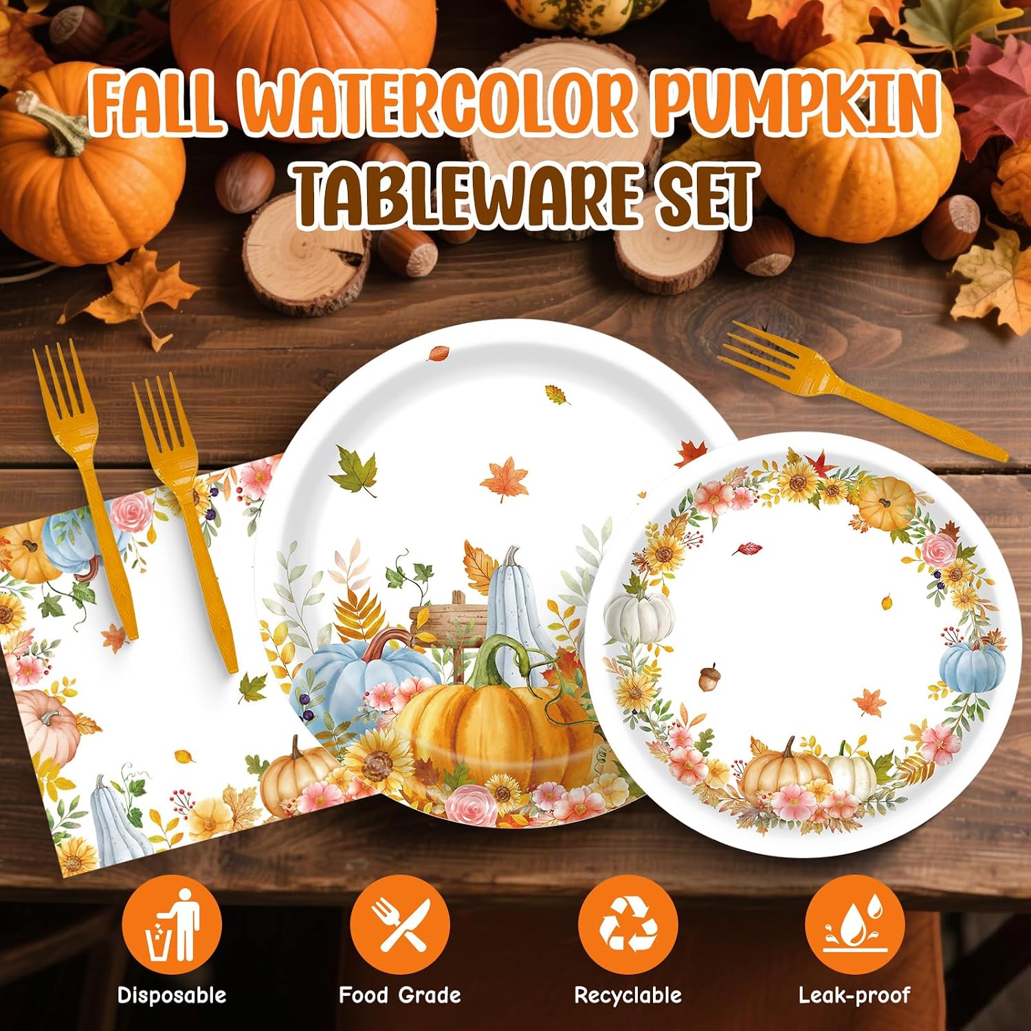 Fall Thanksgiving Paper Plates and Napkins Party Supplies Watercolor Pumpkin Maple Thanksgiving Disposable Tableware Banner Tablecloth Set Autumn Harvest Party Decorations for Table, 99Pcs Serves 24 - Image 3