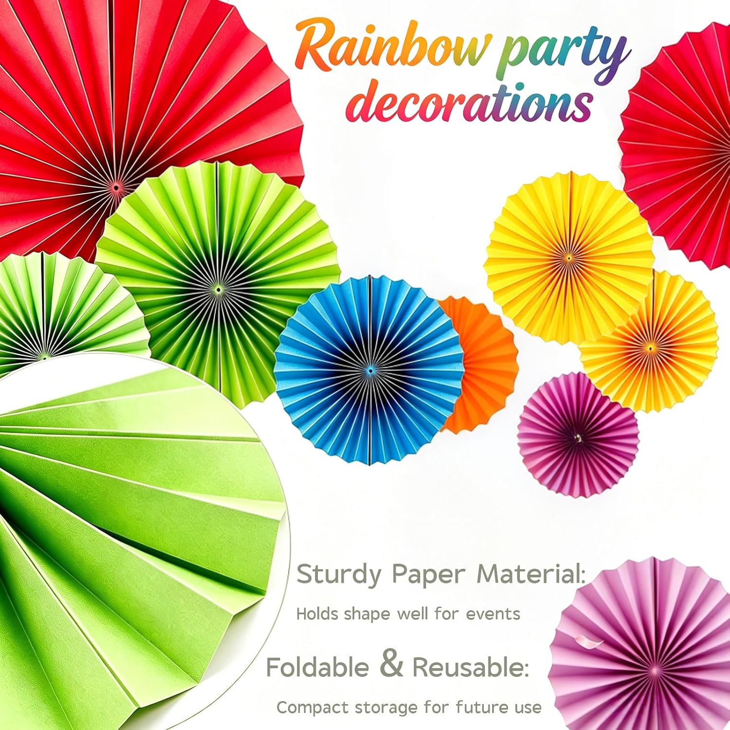 Rainbow Paper Round Fan Decorations,Vibrant Red Green Yellow Blue Orange Purple Hanging Fans, Fiesta Party Decor, Wedding Birthday Backdrop, Back to School Decor, Set of 12, 10", 12" - Image 4