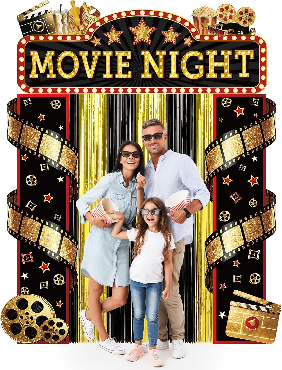 5Pcs Movie Night Porch Banner with Black and Gold Foil Fringe Film Themed Backdrop VIP Entrance Photography Background Red Carpet Party Decor for Graduation Home Outdoor Birthday Party Supplies(Movie) - Image 4