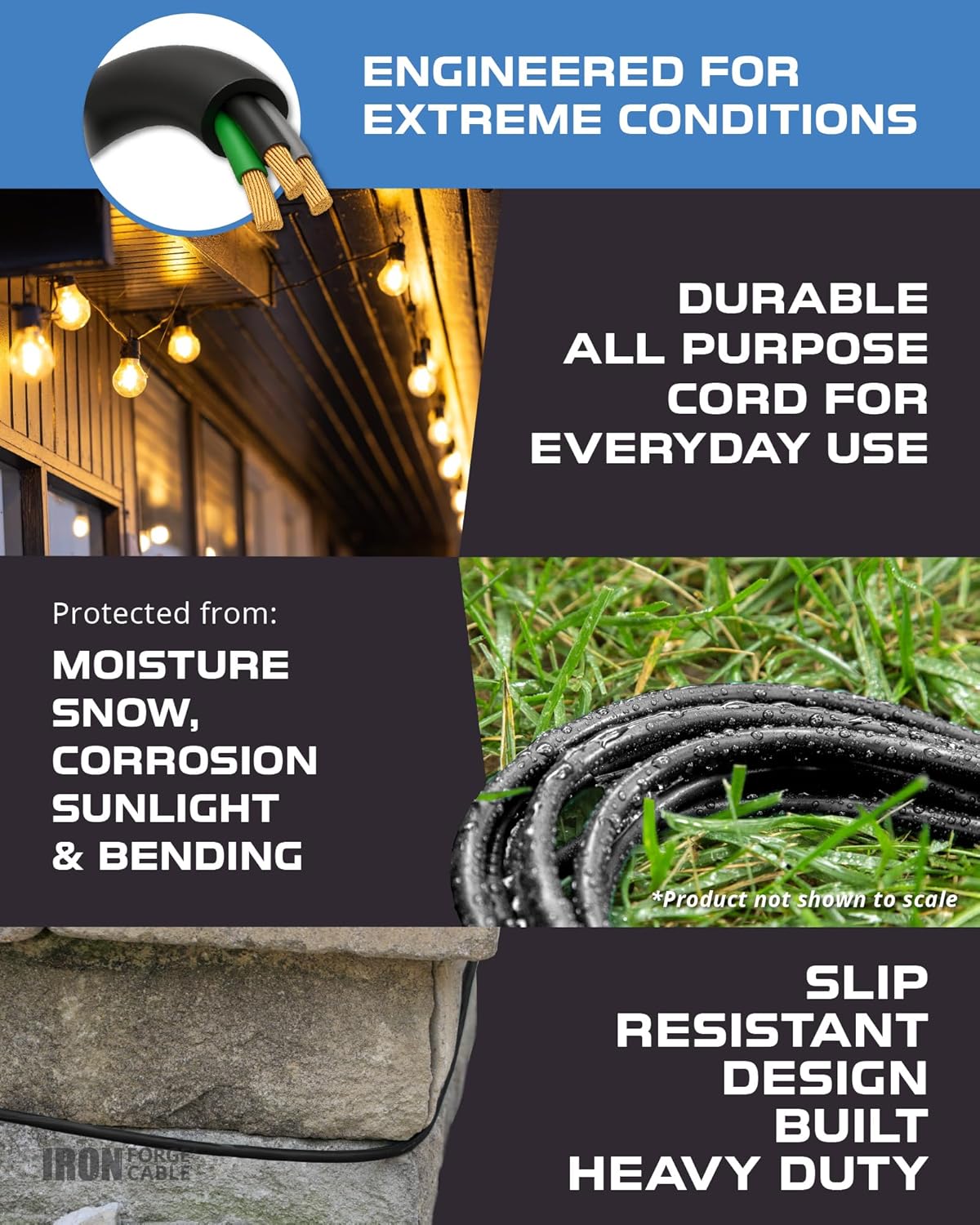 Iron Forge Cable 3 Outlet Outdoor Extension Cord 10 ft, 16/3 SJTW Black Extension Cord with Multiple Outlets 3 Prong, Weatherproof 13 Amp Exterior Power Cable for Outdoor Lights, Lawn & Landscaping - Image 4