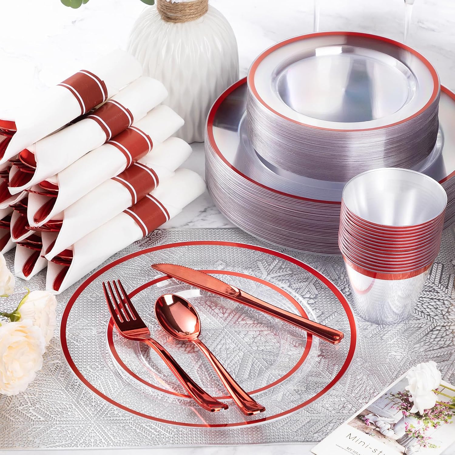 Goodluck 350 Piece Red Plastic Dinnerware Set for Party, Clear Disposable Plates for 50 Guests, Includes 100 Plates, 50 Pre Rolled Napkins with Cutlery Set, 50 Cups for Graduation, Wedding, Christmas - Image 2