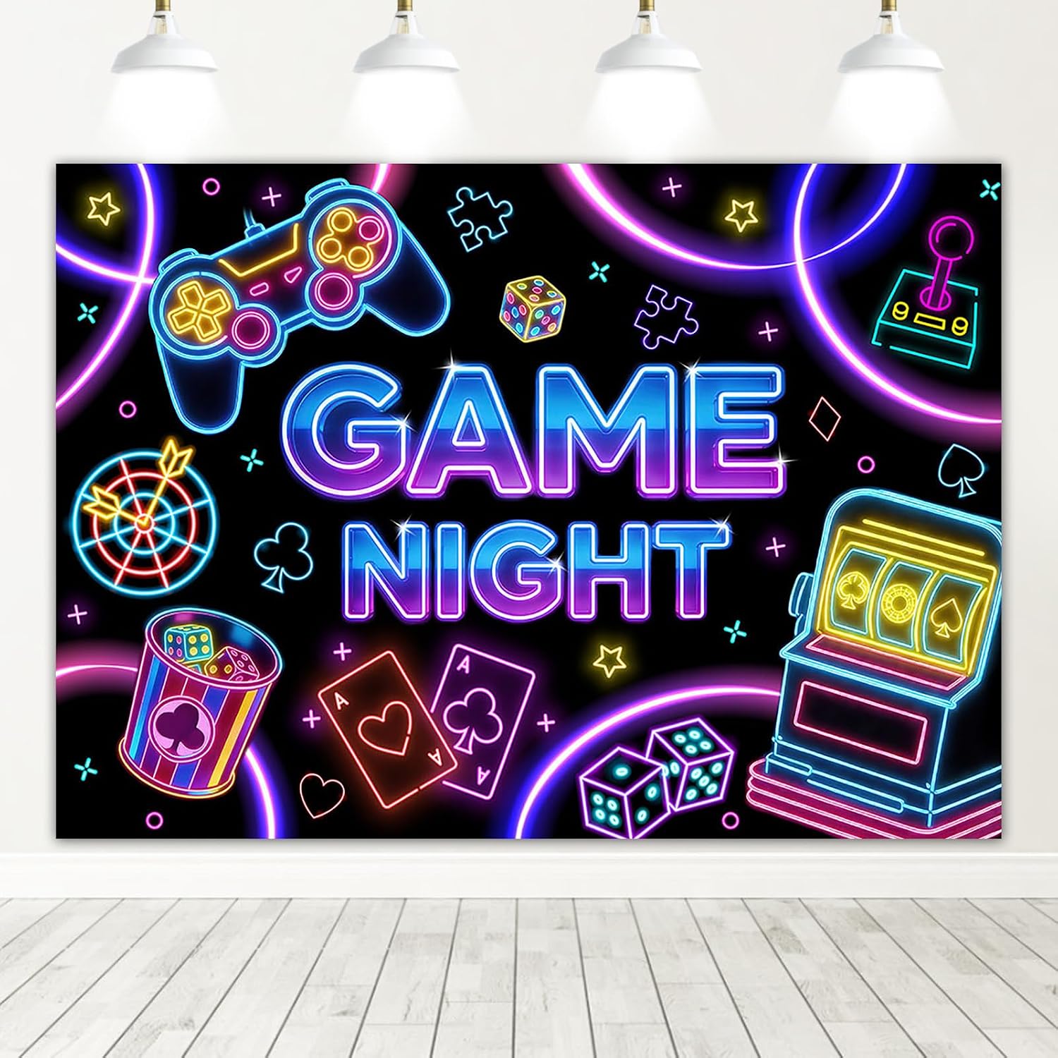Mocsicka Game Night Theme Photography Backdrops Glow Neon Photo Background for Game On Birthday Party Decor Sleepover Slumber Prom Gaming Party Cake Table Decor Photobooth Supplies (7x5ft)