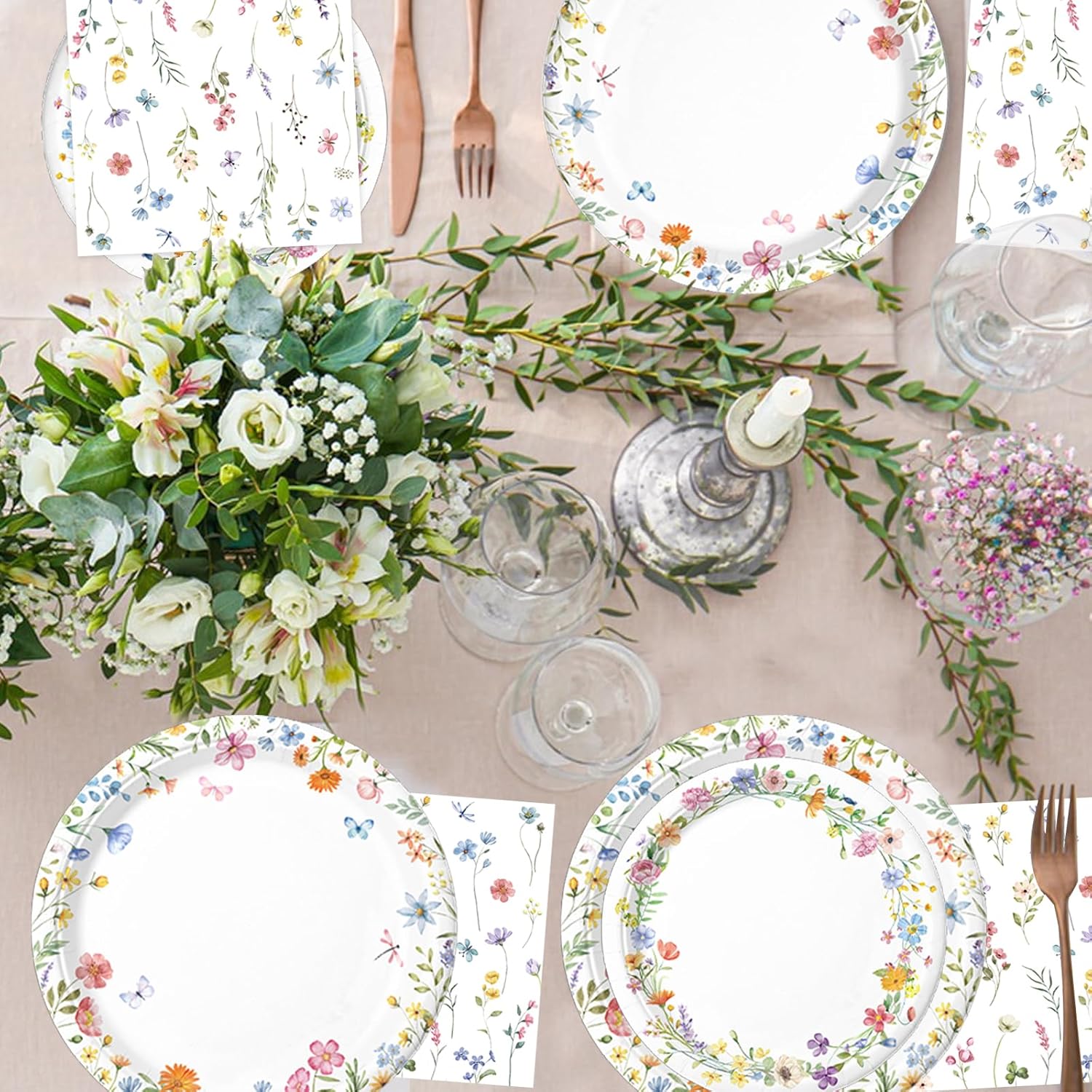 LINHAXM 175 PCS Spring Wildflower Party Decorations include Plates, Cups, Napkins, Cutlery, Cake Toppers, Banner, Tablecloth, Balloons for Floral Baby Shower Birthday Decorations, Serves 20 - Image 5