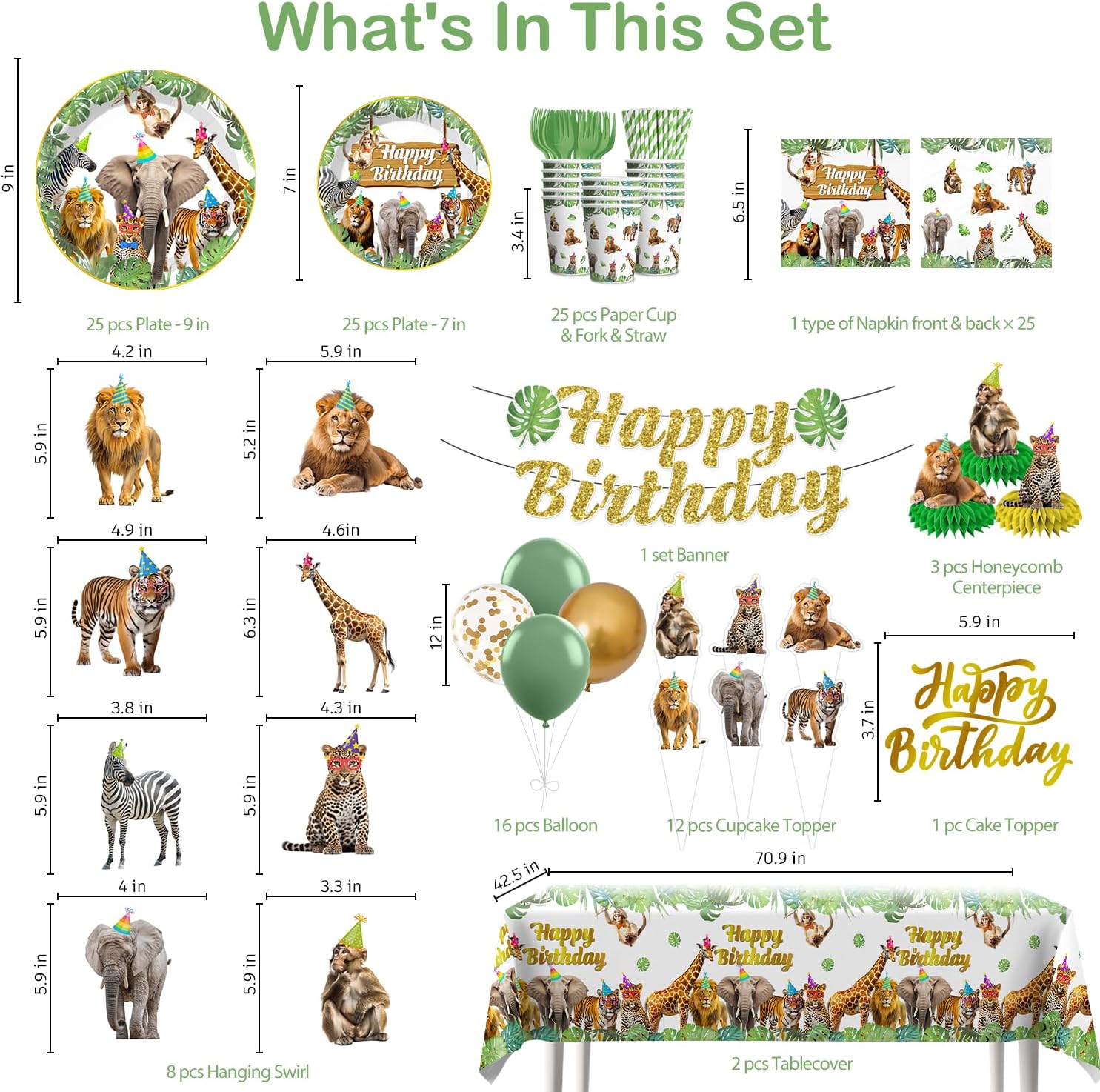 201pcs Safari Birthday Decorations Tableware Set, 25 Serves Safari Plates and Napkins for Party with 2pcs Tablecloth, Banner, Balloons for Jungle Birthday Party Decorations - Image 2