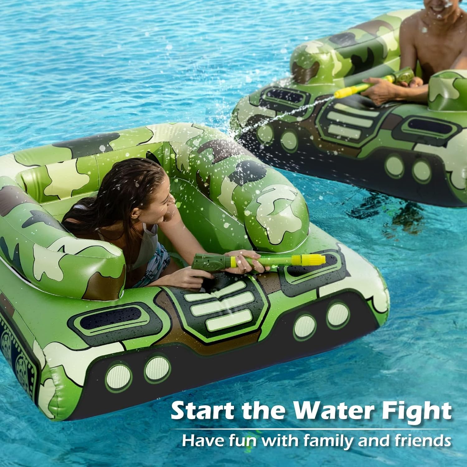 Tank Pool Floats Kids Adults - Jasonwell Inflatable Pool Floaties Swimming Pool Tank with Water Cannon Gun Swim Floaty Rafts Lake Beach Party Pool Toys for Boys Girls Toddlers Kids Adults (Green, L) - Image 5