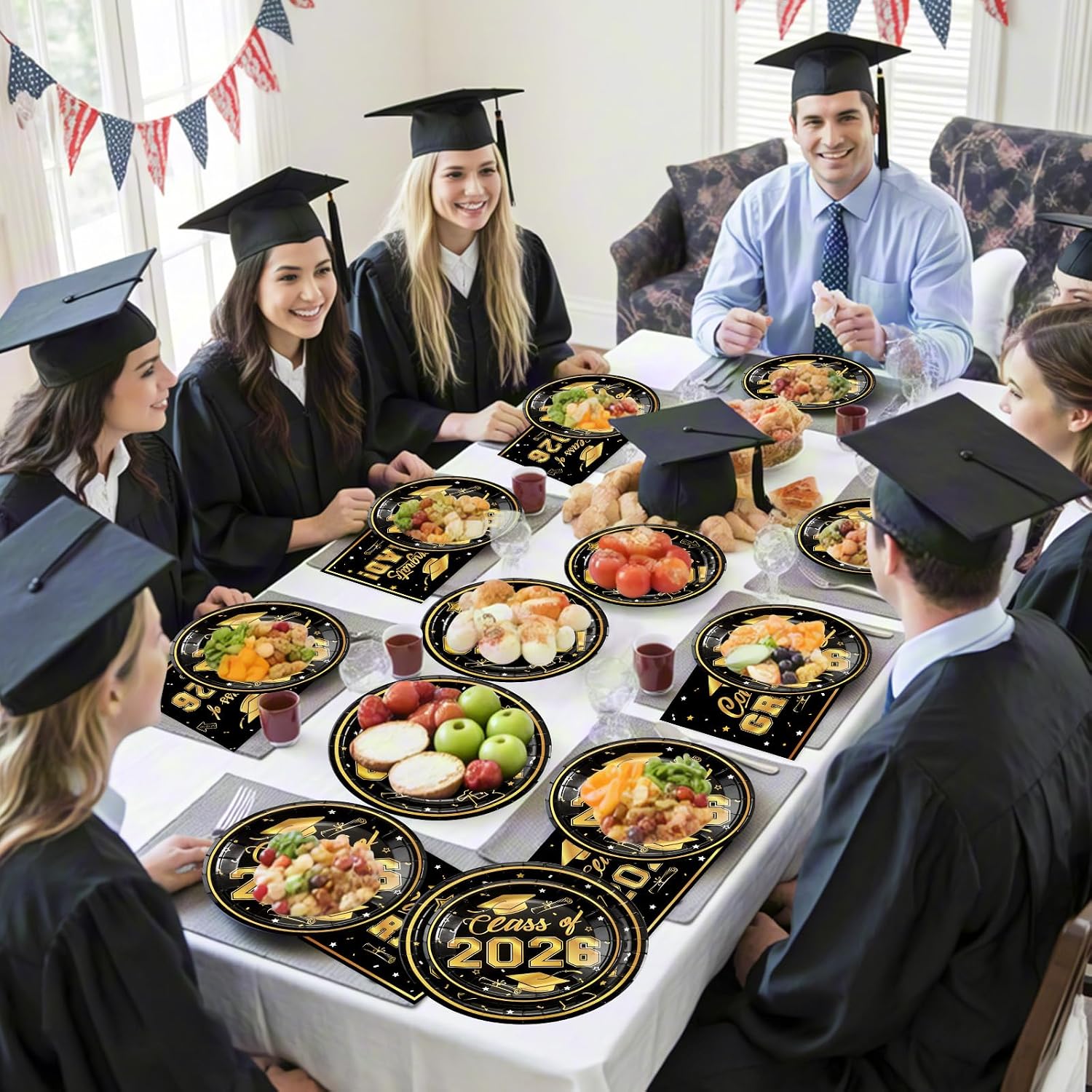Litmitfu 150 Pcs Graduation Plates and Napkins 2026 - Black Gold Congrats Grad Class of 2026 Paper Dessert Dinner Plates Napkins Set for Graduation Party Decorations Supplies Table Decor, Serves 50 - Image 2