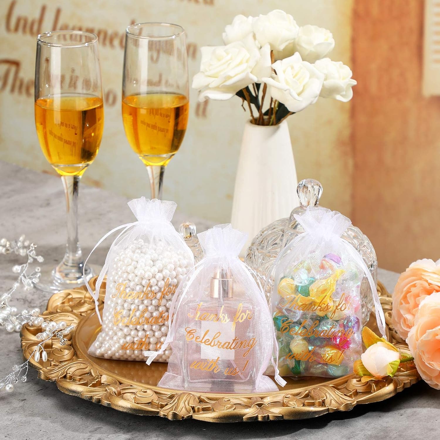 Riakrum 100 Pcs Sheer Organza Bags Wedding Favor Mesh Drawstring Bags Thank You Gift Bag for Guests Candy Candy Gift Bag for Wedding Favors, Bridal Shower, Anniversary, Birthday(4 x 6 Inch,White) - Image 3