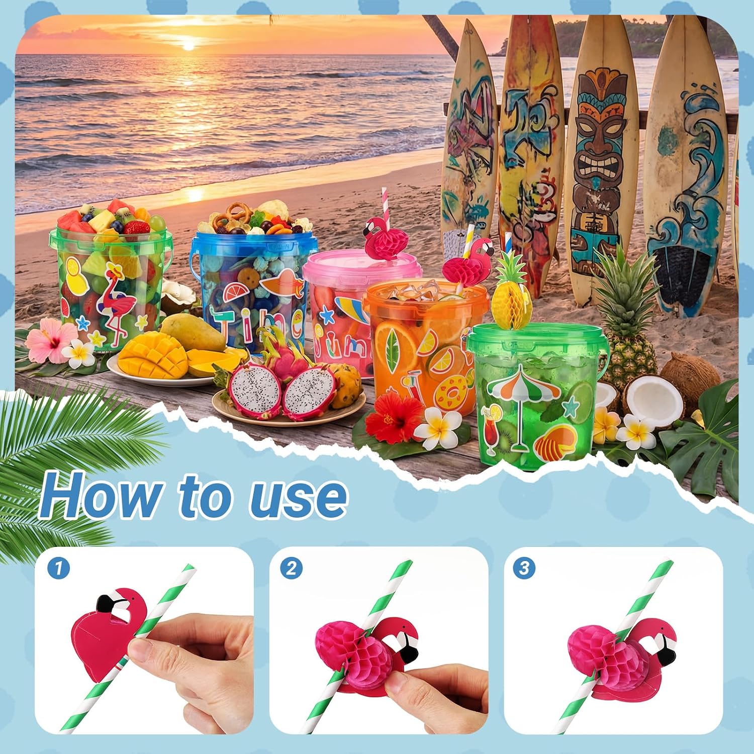 24 Pcs 32 oz Tropical Drink Buckets with Lids and Handles Summer Plastic Drink Bucket with Flamingo Pineapple Straw Reusable Rum Cocktail Bucket with Lids Punch Bowls for Luau Party Beach - Image 7