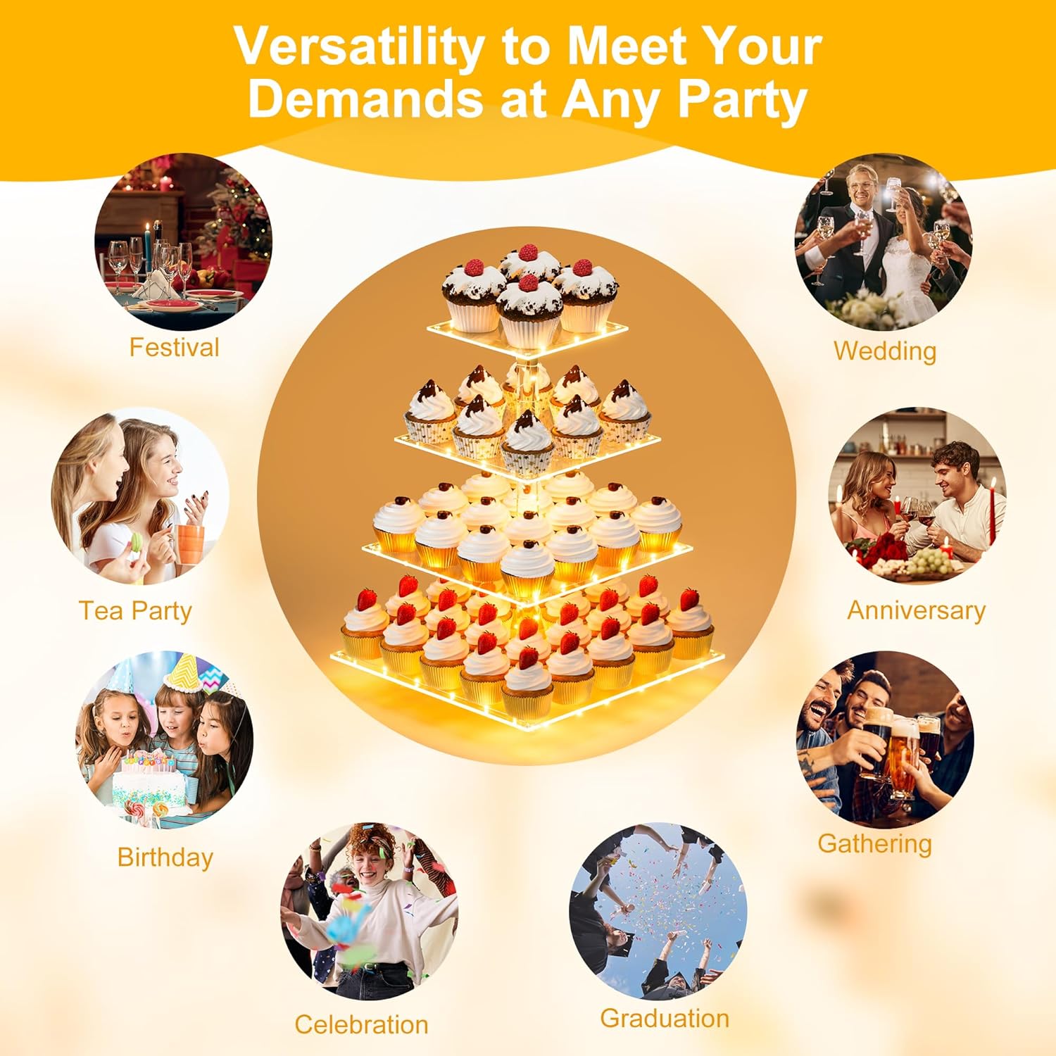 YestBuy Cupcake Stand with Yellow LED Lights, 4 Tier Cupcake Stand for 50 Cupcakes, Acrylic Cupcake Tower Stand, Clear Tiered Cupcake Holder for Birthday Candy Bar Décor Weddings, Parties Events - Image 3