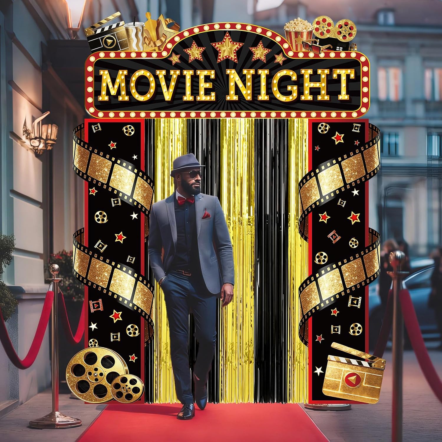 5Pcs Movie Night Porch Banner with Black and Gold Foil Fringe Film Themed Backdrop VIP Entrance Photography Background Red Carpet Party Decor for Graduation Home Outdoor Birthday Party Supplies(Movie) - Image 5