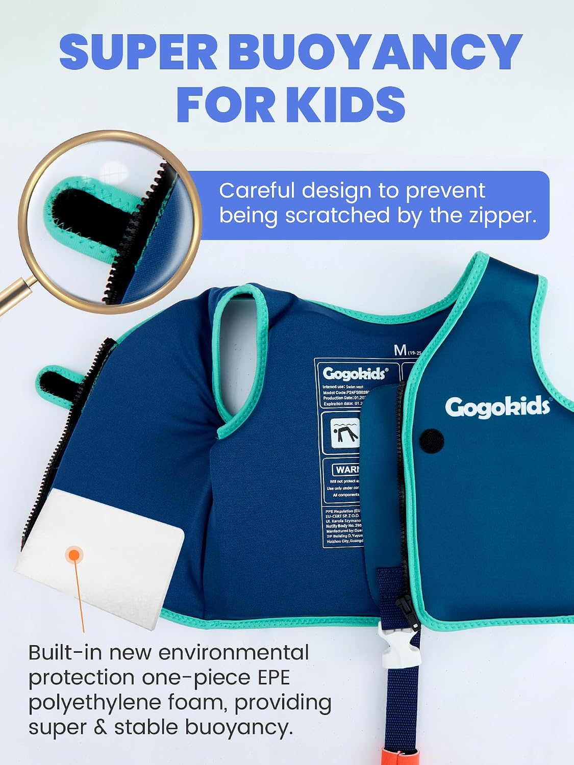 Gogokids Toddler Swim Vest Pool Floaties for Kids 1-2-3-5-6-9-12 Yrs, Neoprene Swimming Jacket w/Adjustable Strap & Zip, Kids Pool Float Jacket 30-50-70-90 Pounds for Boys Girls Youth Teens - Image 5