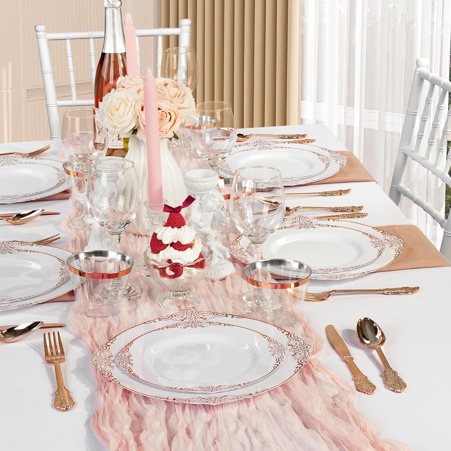 Bestluck 350PCS Rose Gold Plastic Plates for 50 Guests, Disposable Dinnerware Sets Include 100 Rose Gold Rim Plastic Plates, 50 Silverware and Cups, 50 Pre Rolled Napkins for Party, and Graduation - Image 7