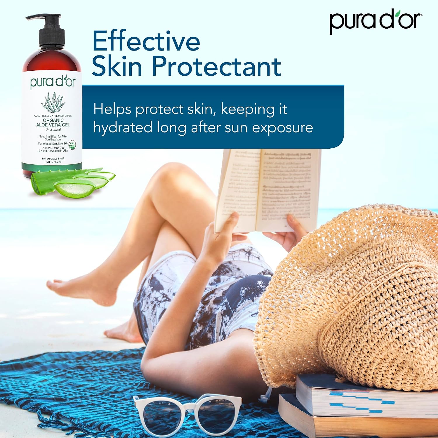 PURA D'OR 16 Oz ORGANIC Aloe Vera Gel - Unscented - All Natural - ZERO Artificial Preservatives - Deeply Hydrating & Moisturizing - Sunburn, Bug Bites, Rashes, Small Cuts, Eczema Relief - Skin & Hair - Image 4