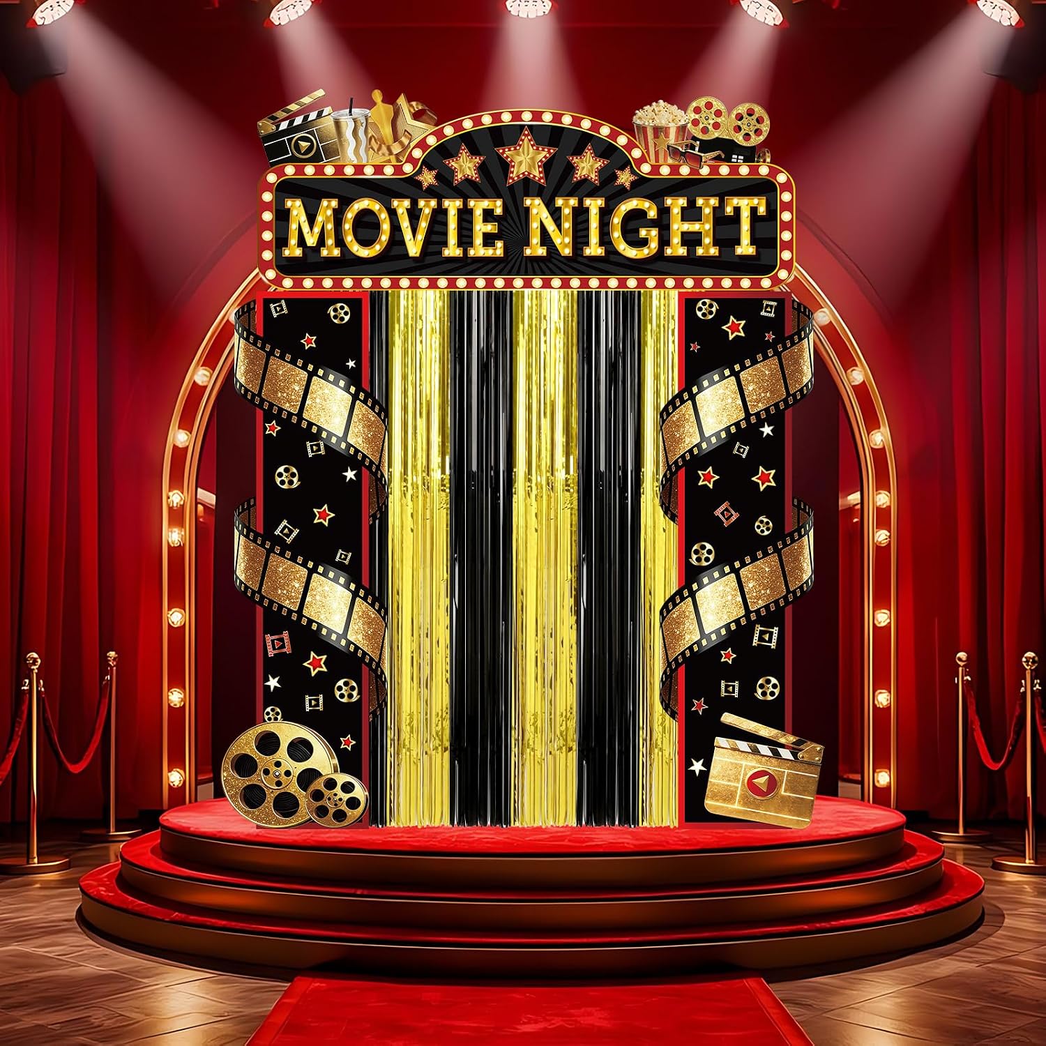 5Pcs Movie Night Porch Banner with Black and Gold Foil Fringe Film Themed Backdrop VIP Entrance Photography Background Red Carpet Party Decor for Graduation Home Outdoor Birthday Party Supplies(Movie) - Image 7