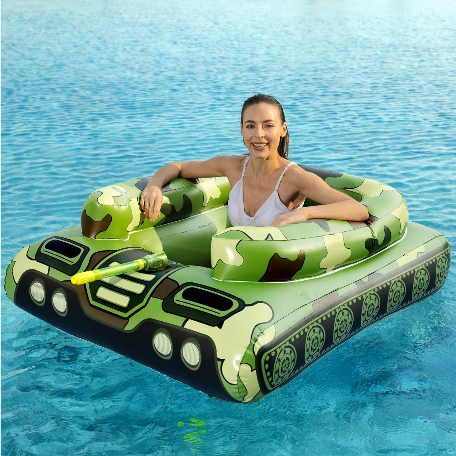 Tank Pool Floats Kids Adults - Jasonwell Inflatable Pool Floaties Swimming Pool Tank with Water Cannon Gun Swim Floaty Rafts Lake Beach Party Pool Toys for Boys Girls Toddlers Kids Adults (Green, L) - Image 8